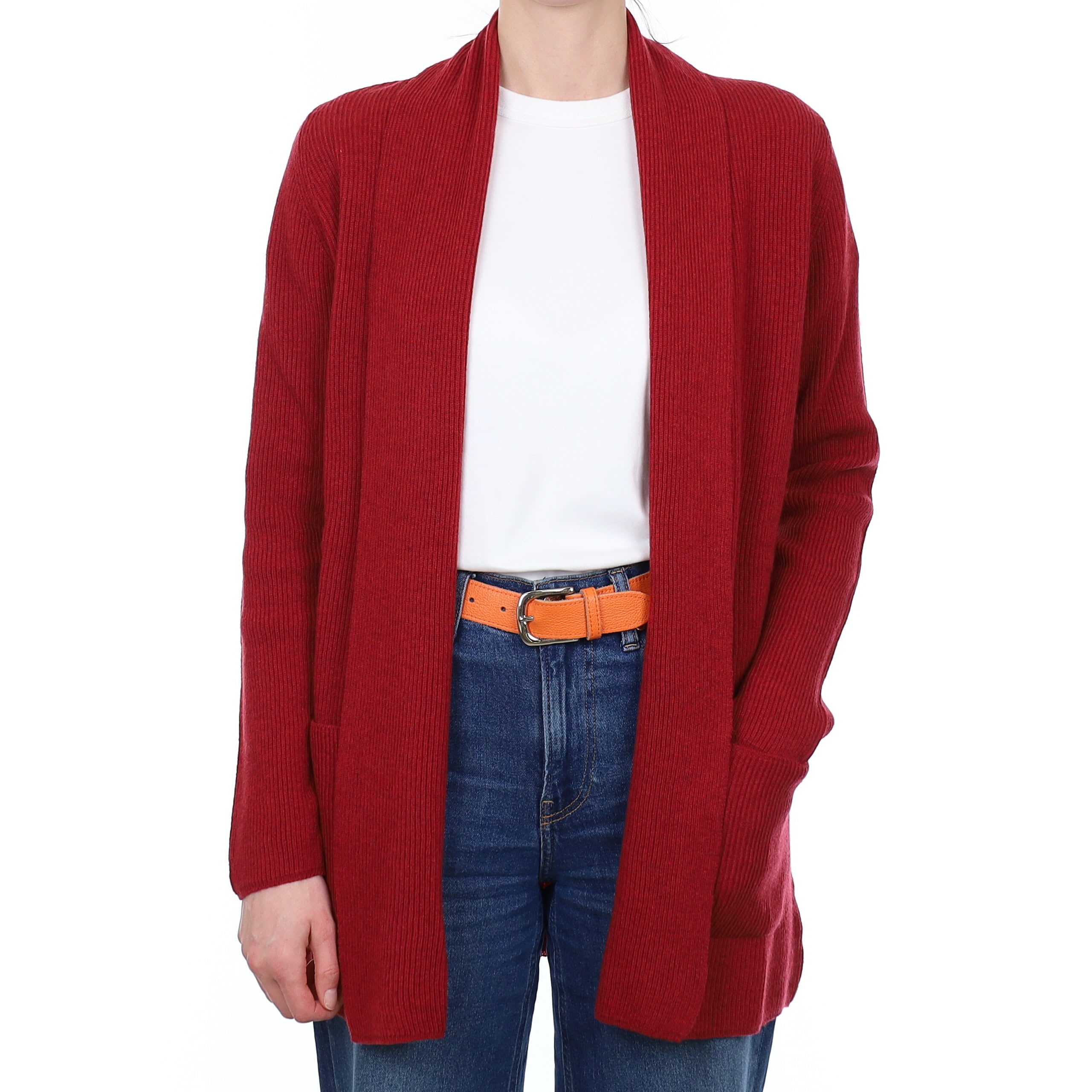 Brand New Scottish Brick Red Rib Cashmere Edge to Edge Cardigan Small