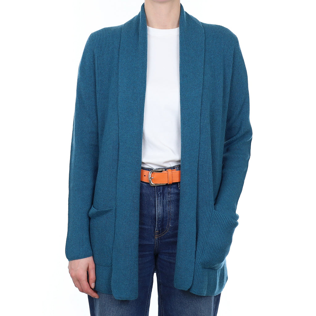 Brand New Scottish Teal Blue Rib Cashmere Edge to Edge Cardigan Small