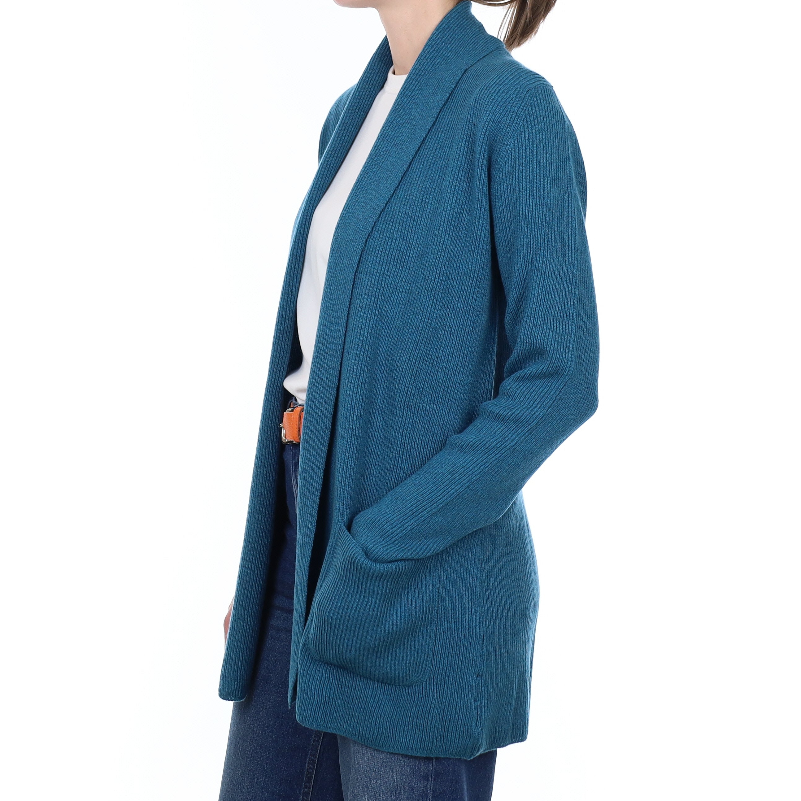 Brand New Scottish Teal Blue Rib Cashmere Edge to Edge Cardigan Small