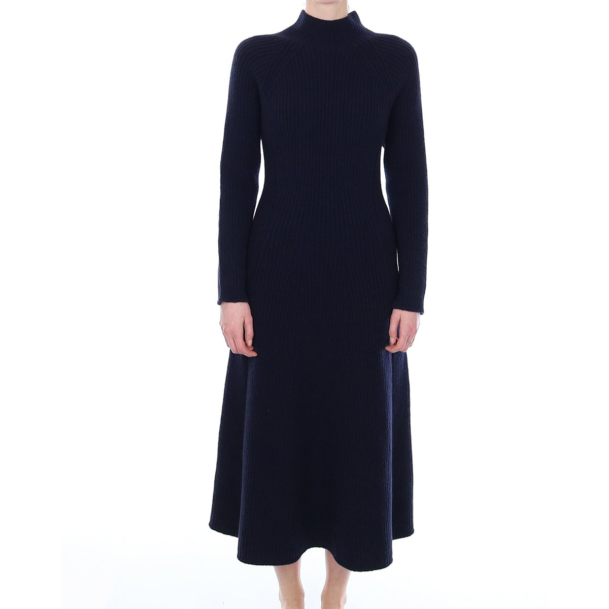 Brand New Scottish Dark Navy Rib Cashmere Long A-Line Dress Small
