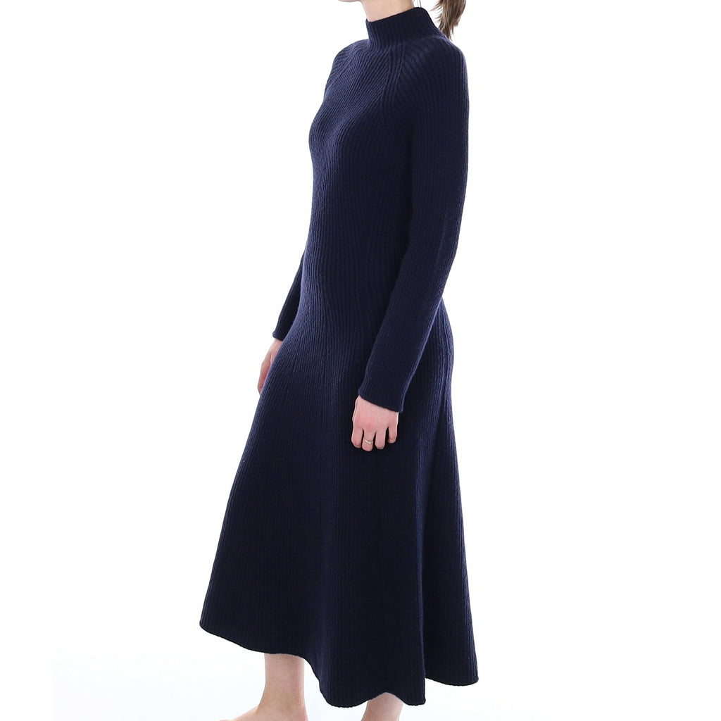 Brand New Scottish Dark Navy Rib Cashmere Long A-Line Dress Small