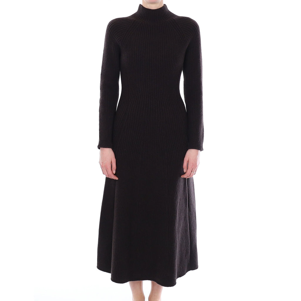 Brand New Scottish Dark Chocolate Rib Cashmere Long A-Line Dress Small
