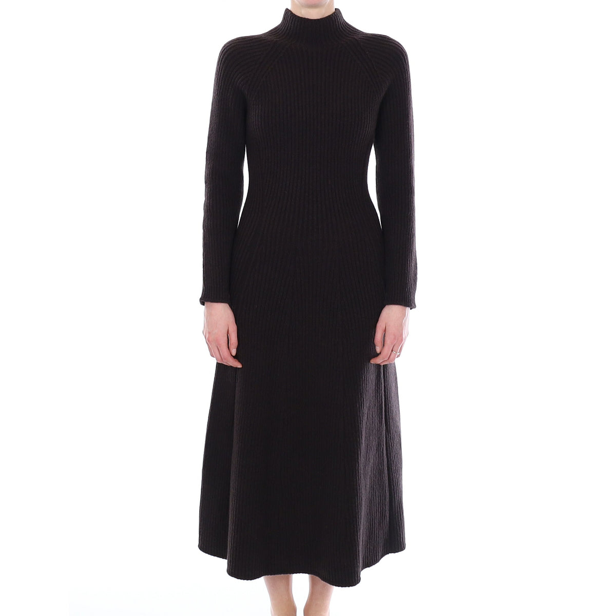 Brand New Scottish Dark Chocolate Rib Cashmere Long A-Line Dress Small