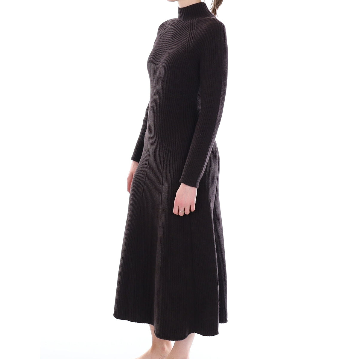 Brand New Scottish Dark Chocolate Rib Cashmere Long A-Line Dress Small