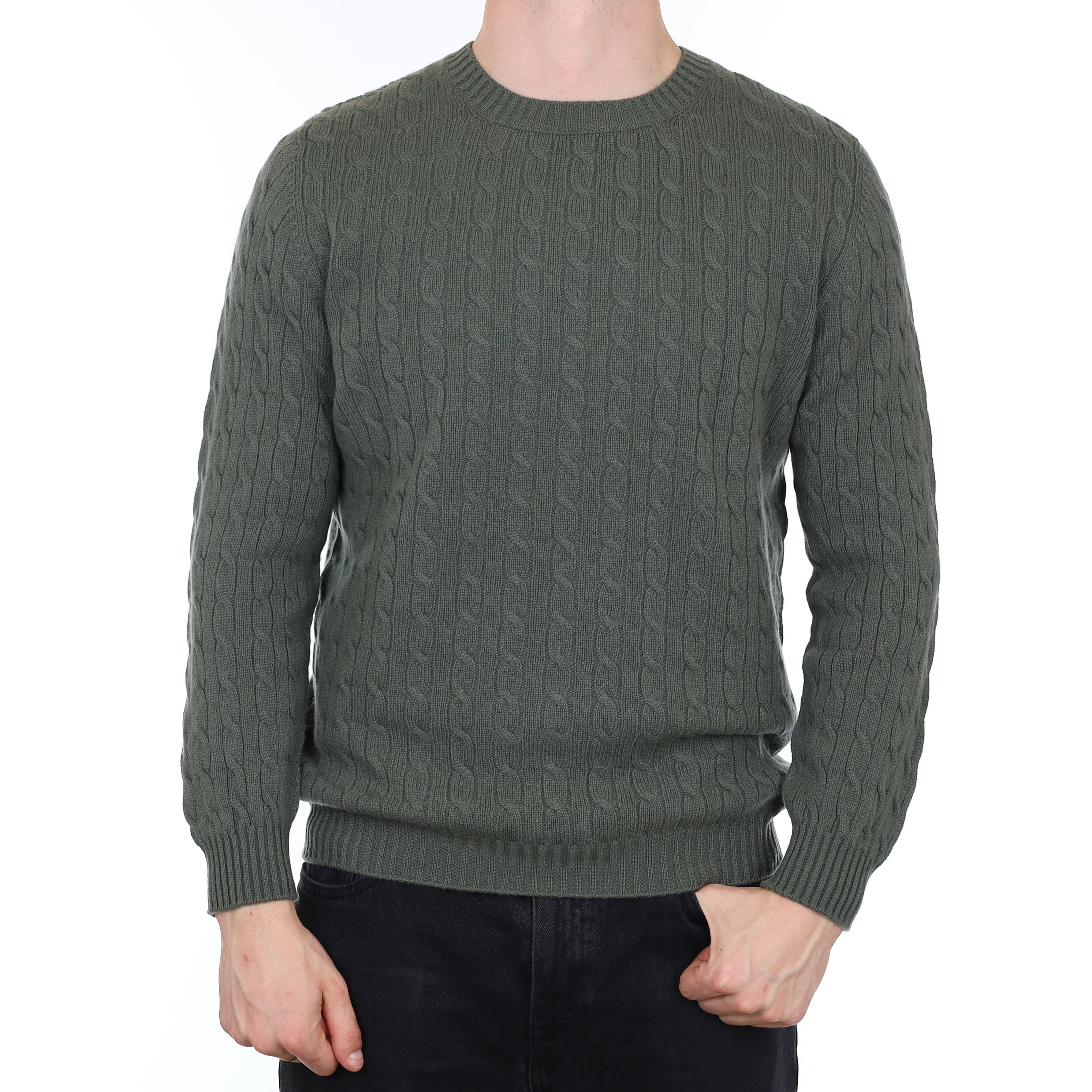 Men's Brand New Scottish Alpine Green Cable Cashmere Crew Neck Jumper XXL