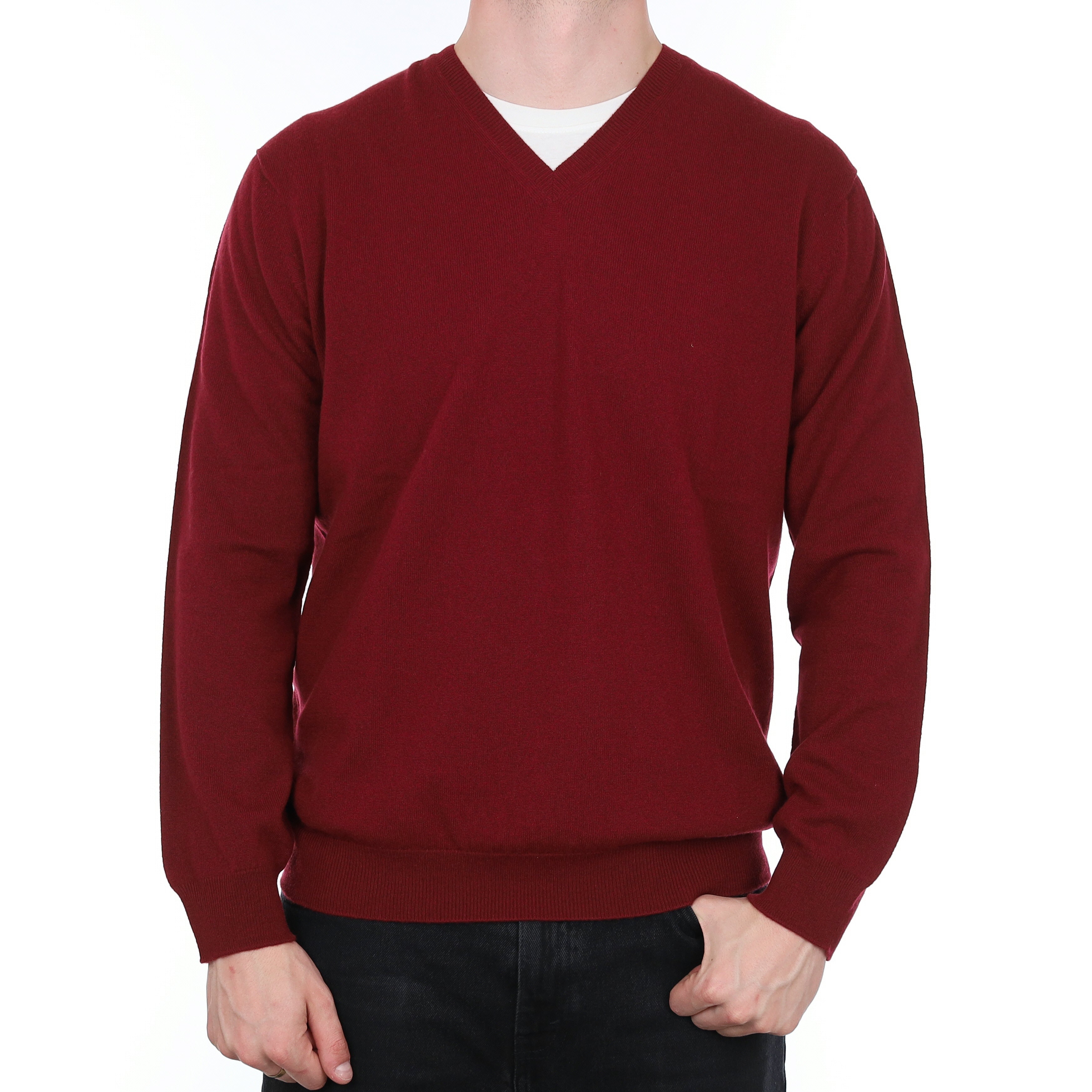 Men's Brand New Scottish Burgundy Red Cashmere V Neck Jumper XXL