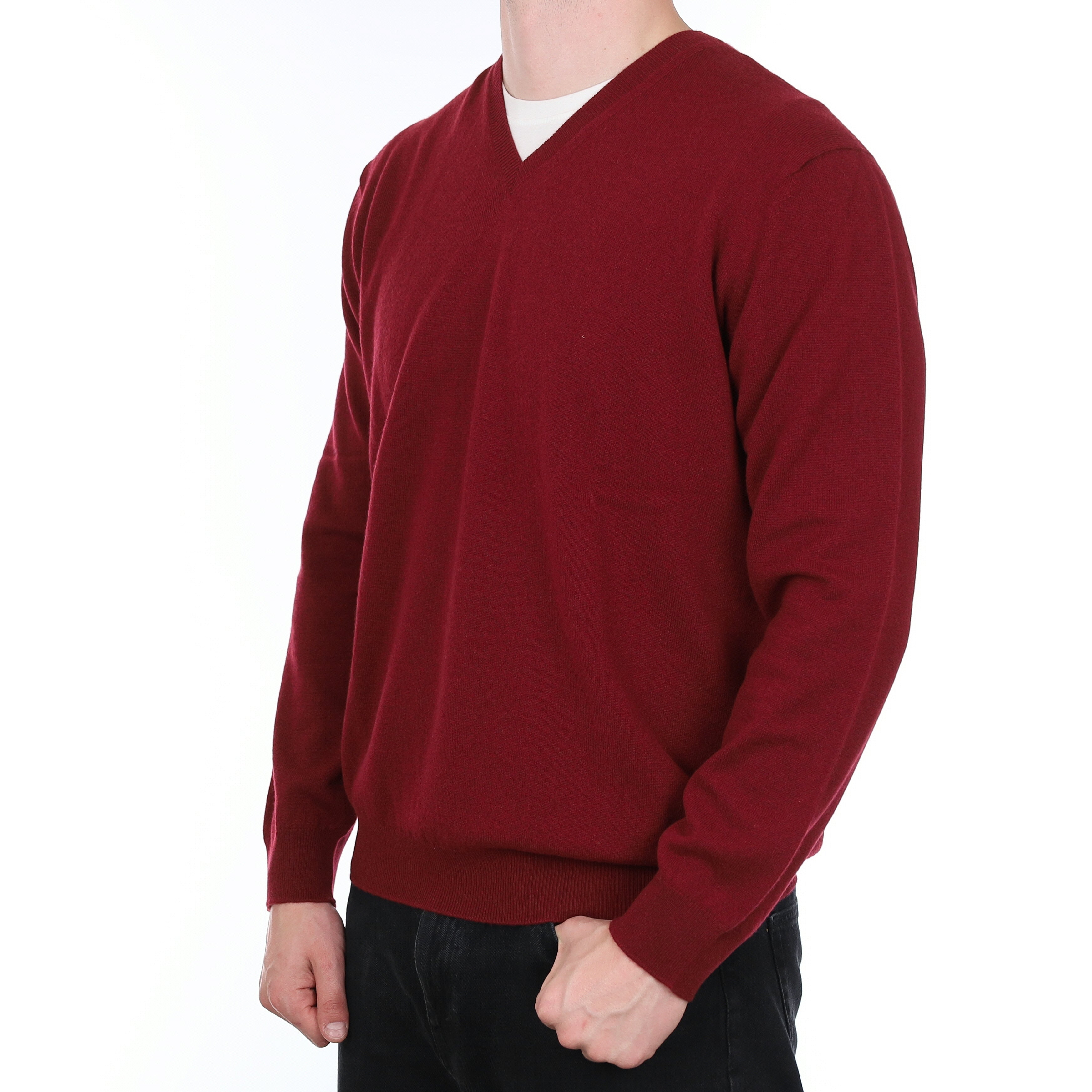 Men's Brand New Scottish Burgundy Red Cashmere V Neck Jumper XXL