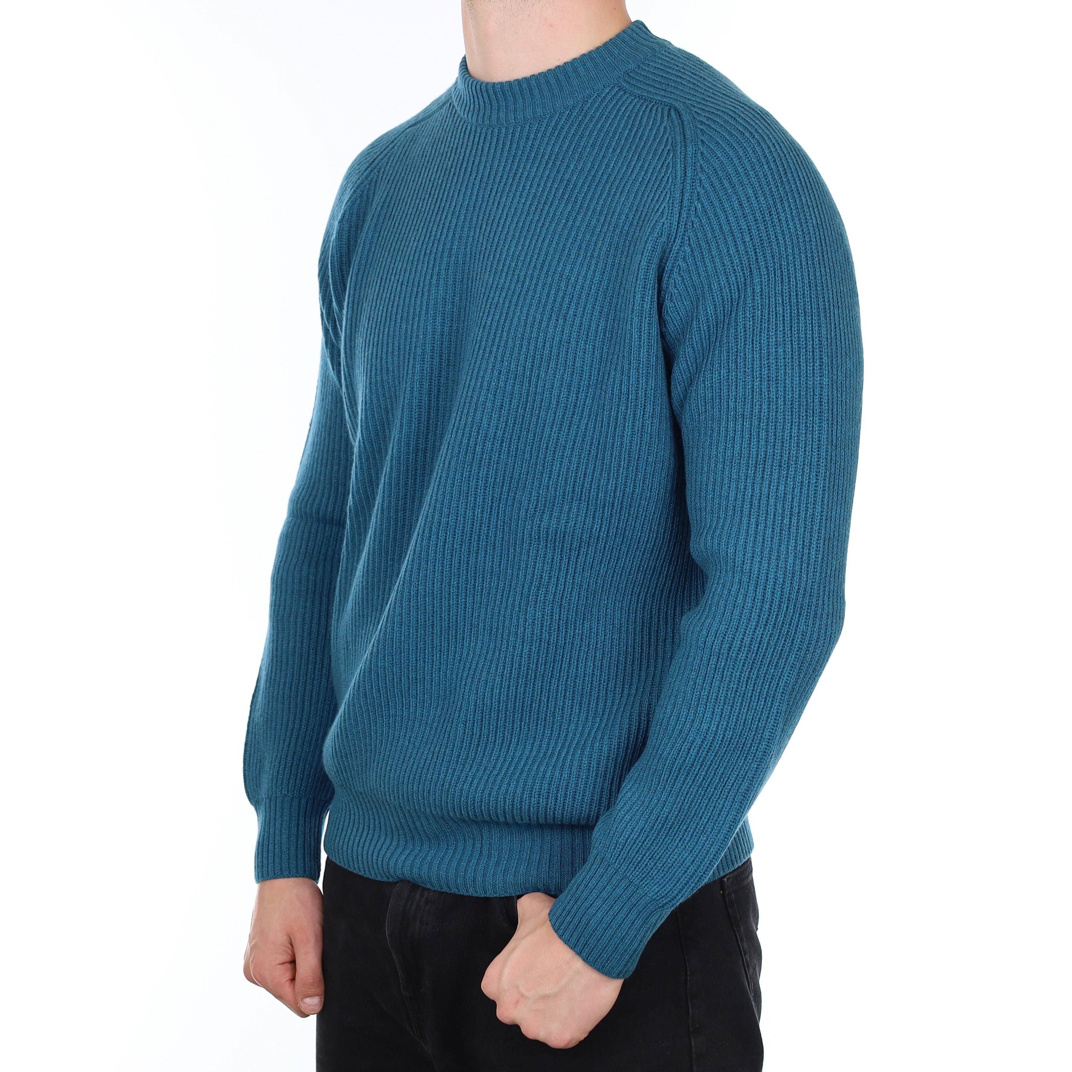 Men's Brand New Scottish Teal Blue Chunky Cashmere Crew Neck Jumper XL