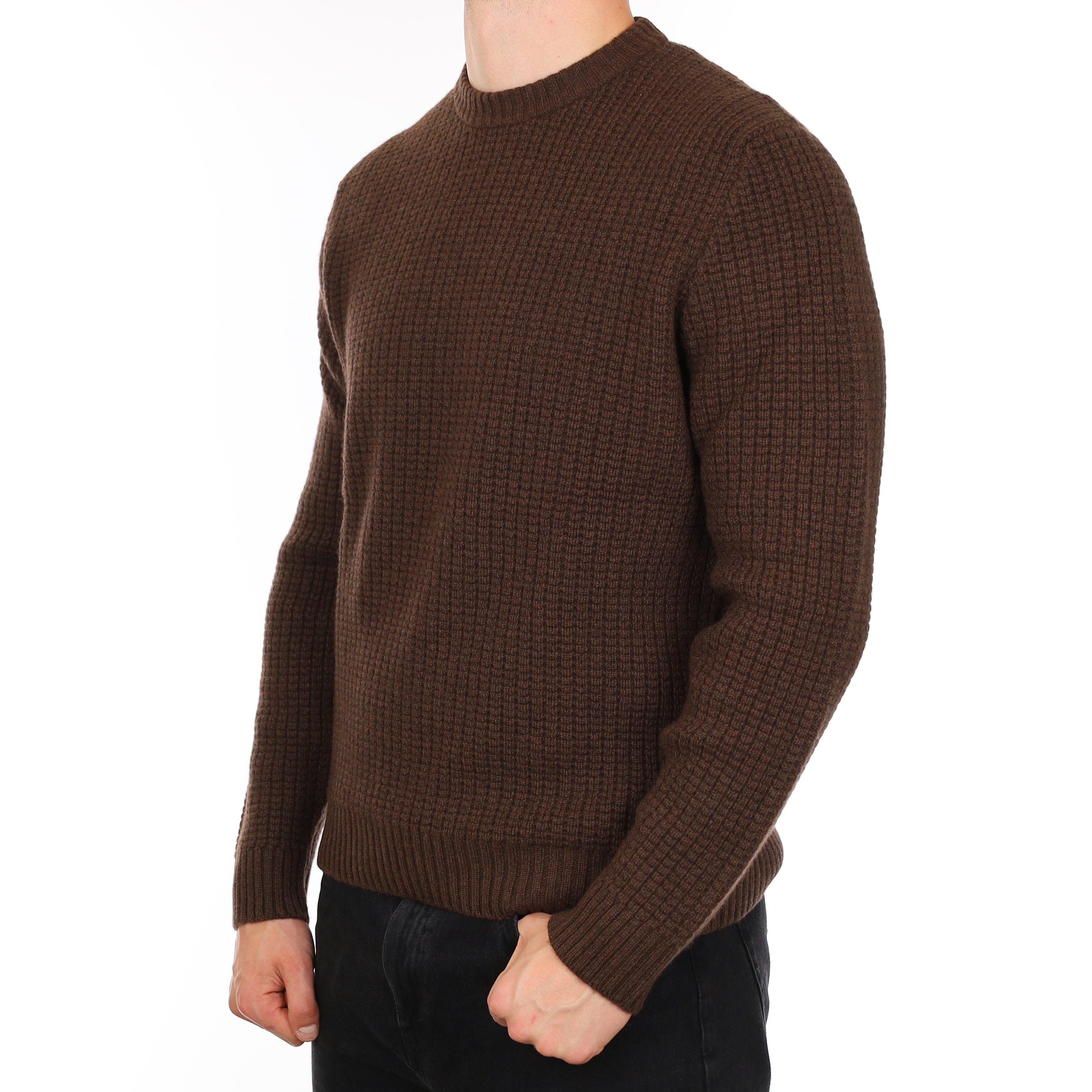 Men's Brand New Scottish Chocolate Brown Chunky Waffle Cashmere Crew Neck Jumper XL