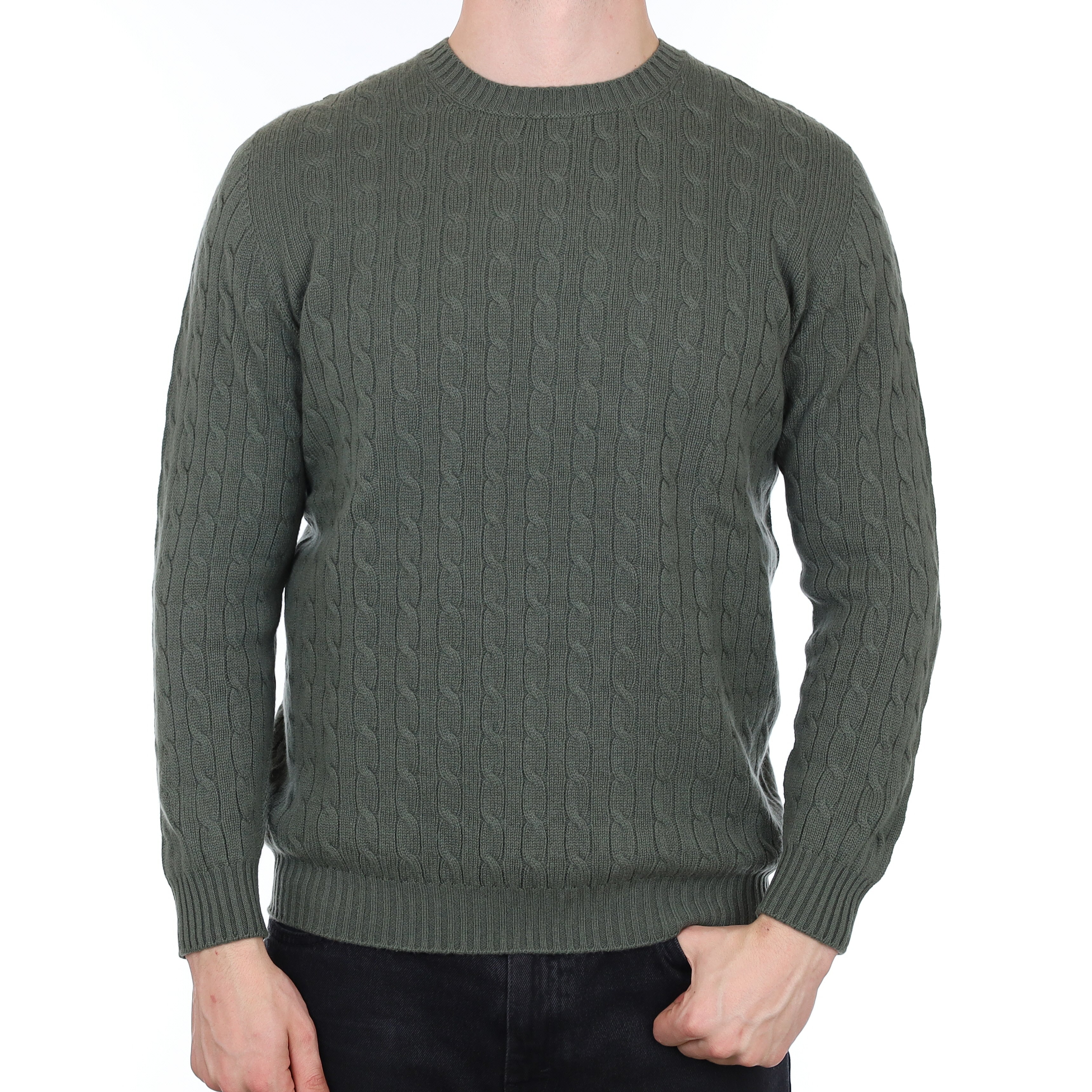 Men's Brand New Scottish Alpine Green Cable Cashmere Crew Neck Jumper XL