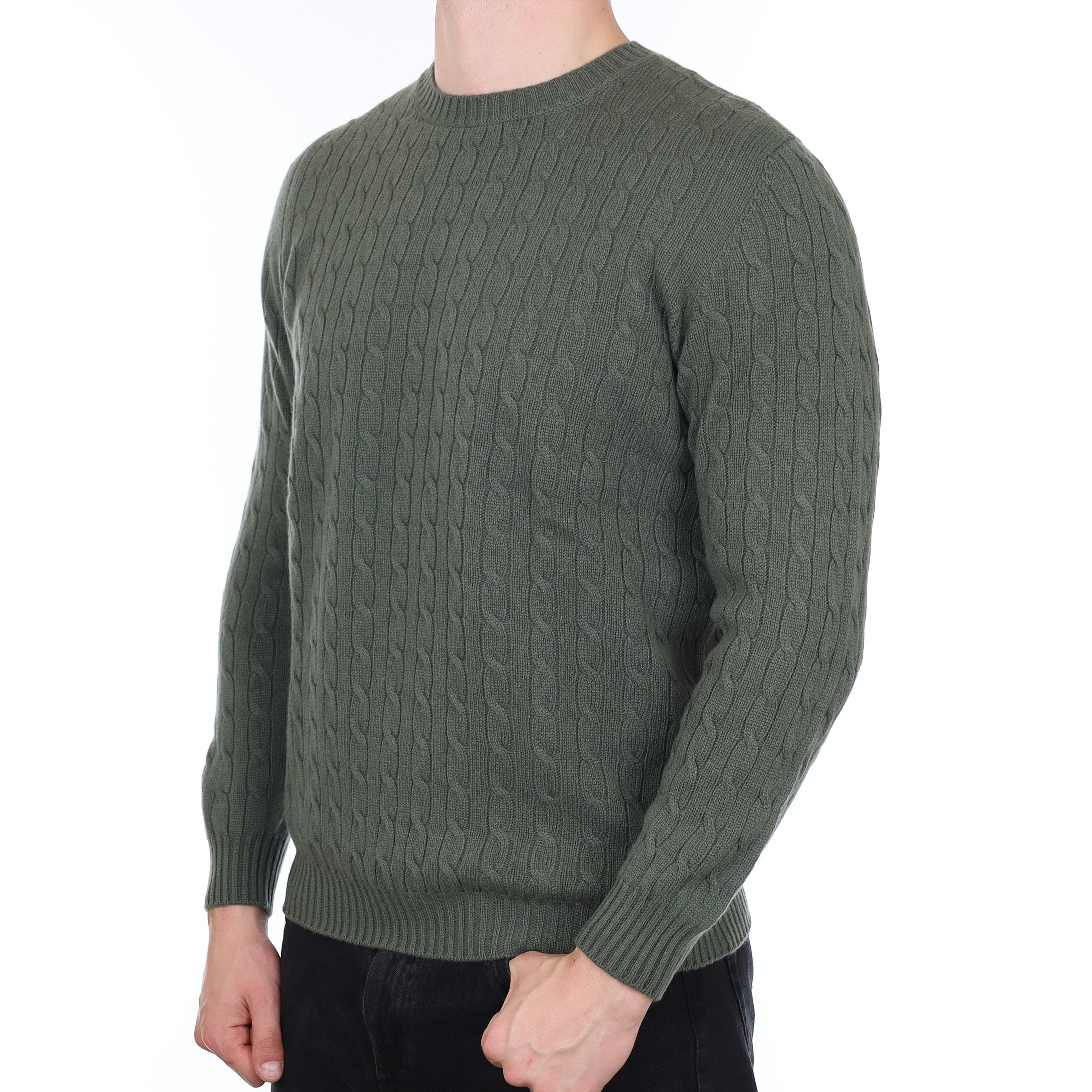 Men's Brand New Scottish Alpine Green Cable Cashmere Crew Neck Jumper XL