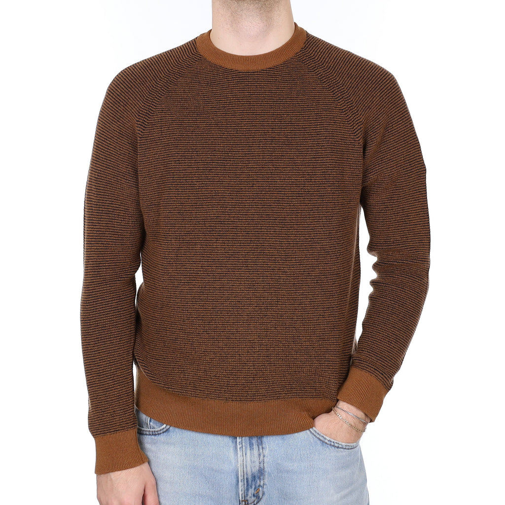 Men's Brand New Scottish Cinnamon & Navy Textured Cashmere Crew Neck Jumper Medium