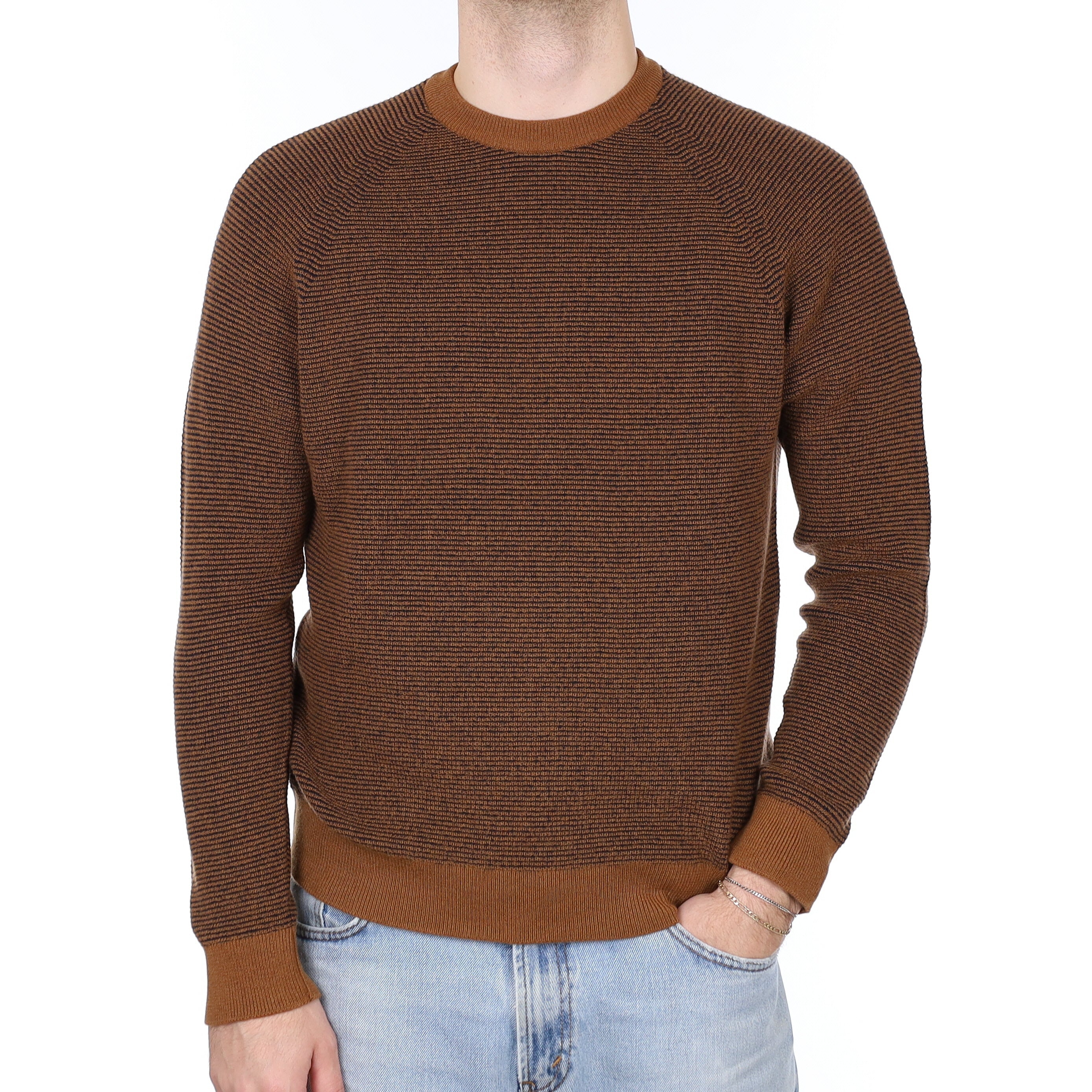 Men's Brand New Scottish Cinnamon & Navy Textured Cashmere Crew Neck Jumper Medium