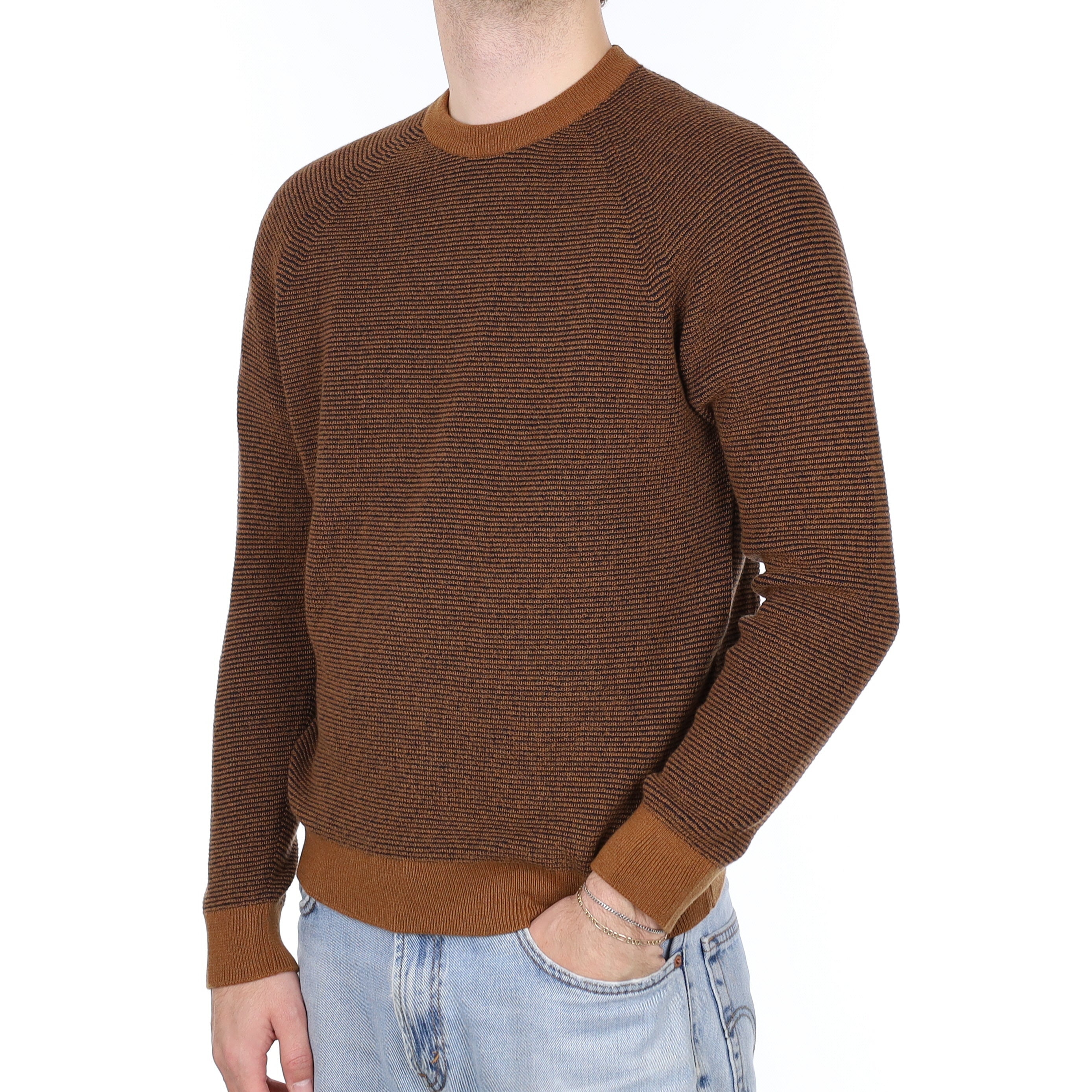 Men's Brand New Scottish Cinnamon & Navy Textured Cashmere Crew Neck Jumper Medium