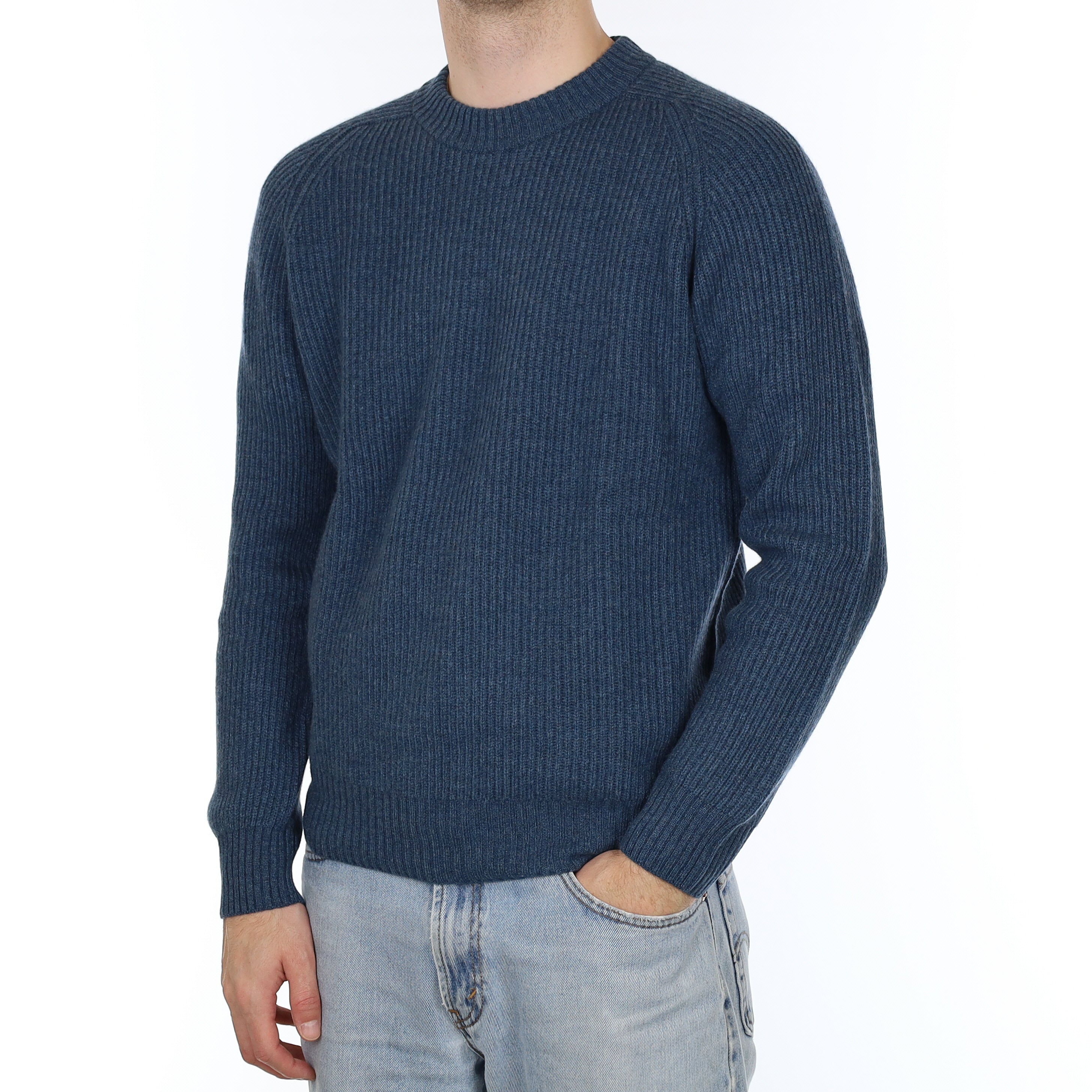 Men's Brand New Scottish Deep Denim Blue Chunky Cashmere Crew Neck Jumper Medium