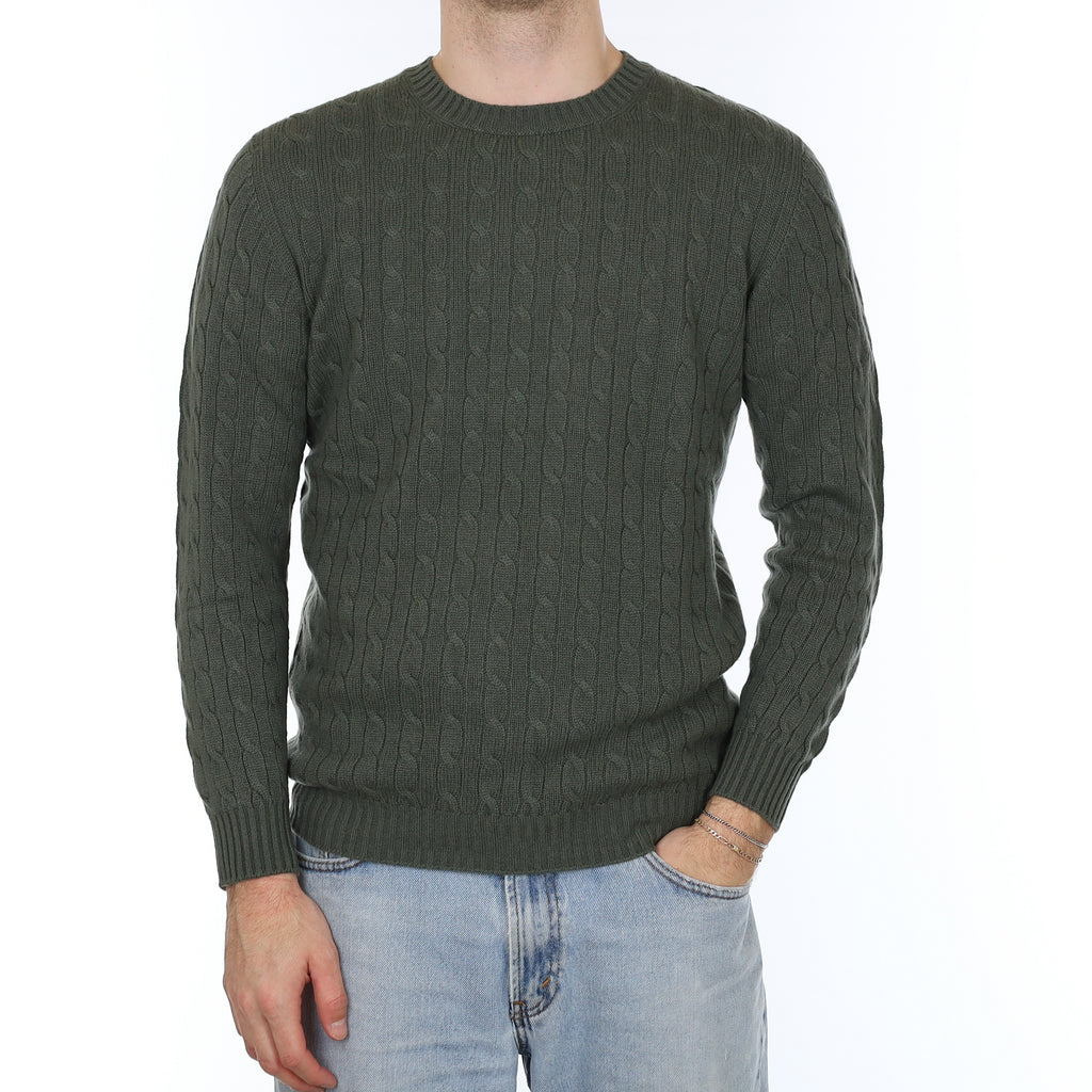 Men's Brand New Scottish Cashmere Alpine Green Cable Crew Neck Jumper Medium