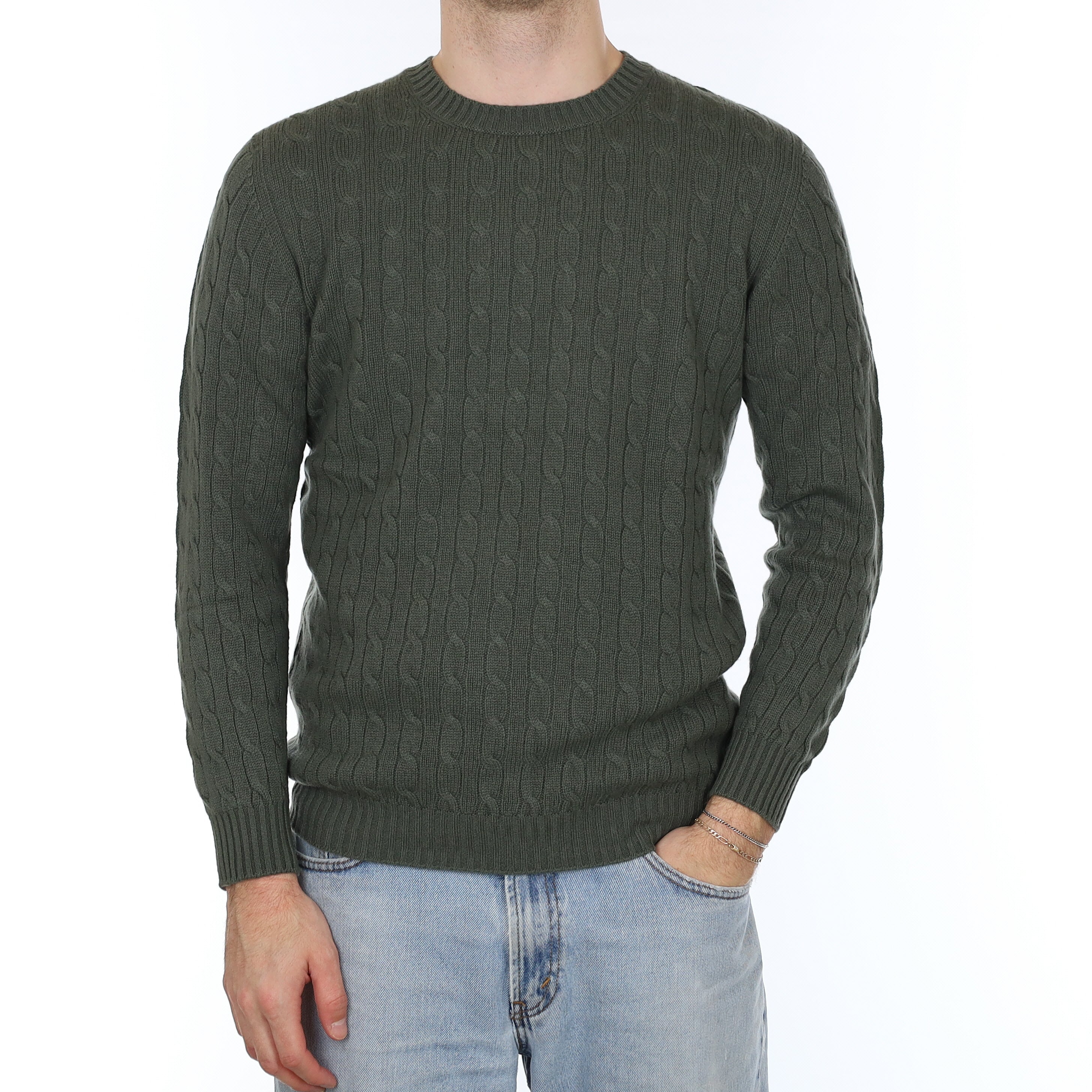 Men's Brand New Scottish Cashmere Alpine Green Cable Crew Neck Jumper Medium