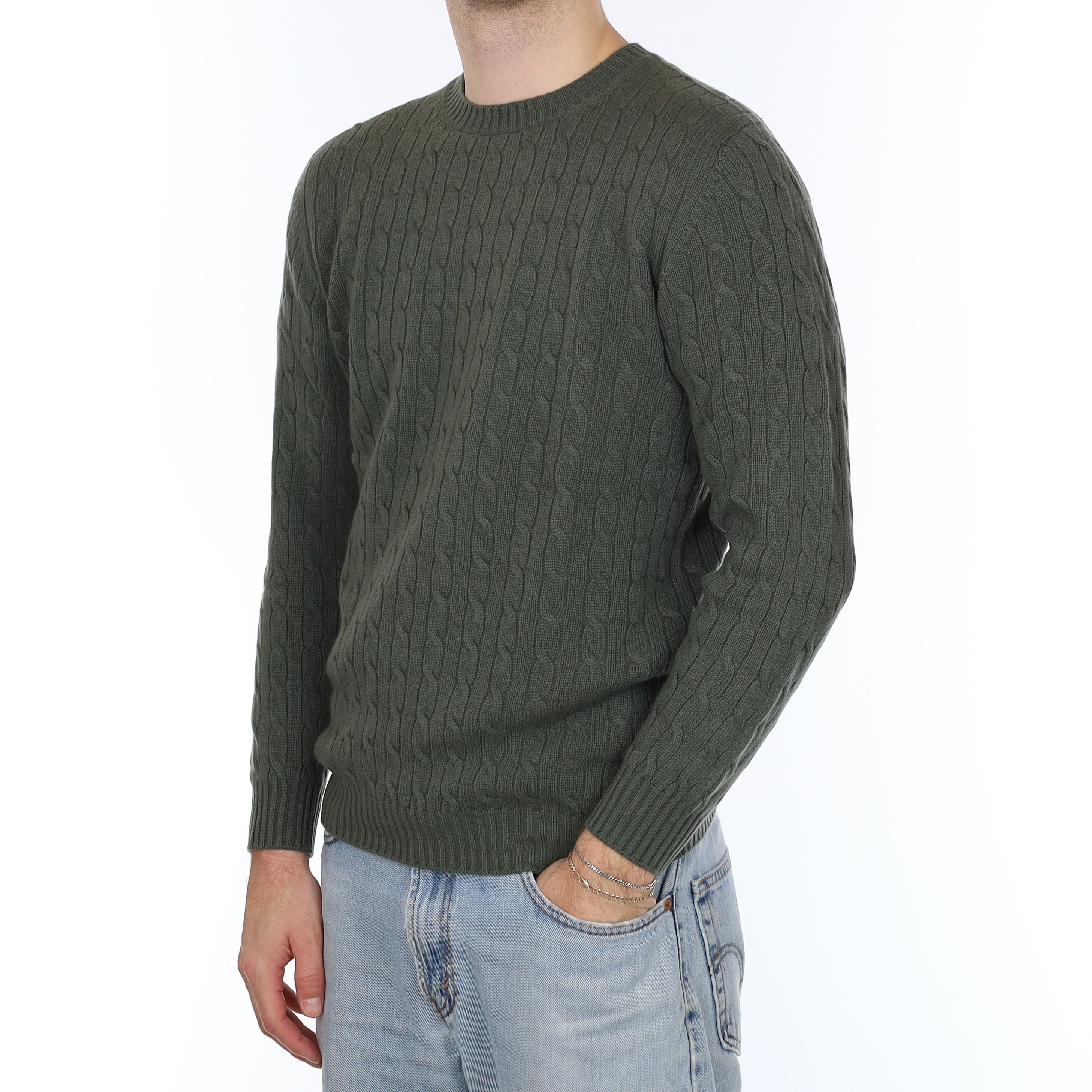 Men's Brand New Scottish Cashmere Alpine Green Cable Crew Neck Jumper Medium