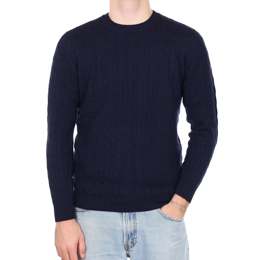 Men's Brand New Scottish Navy Cable Cashmere Crew Neck Jumper Medium