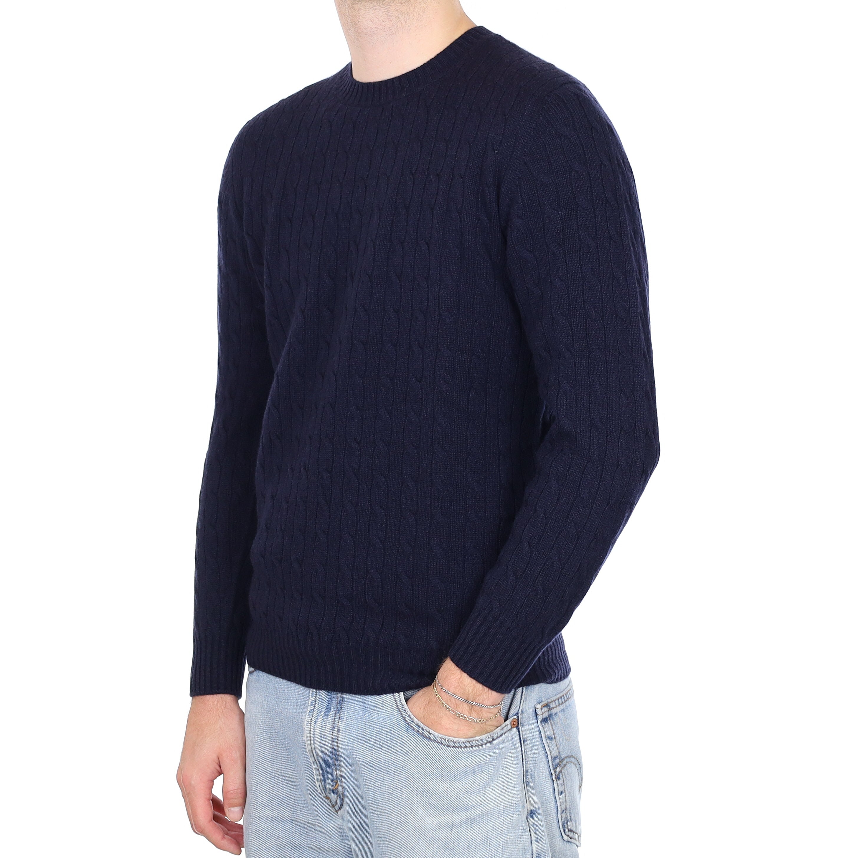 Men's Brand New Scottish Navy Cable Cashmere Crew Neck Jumper Medium