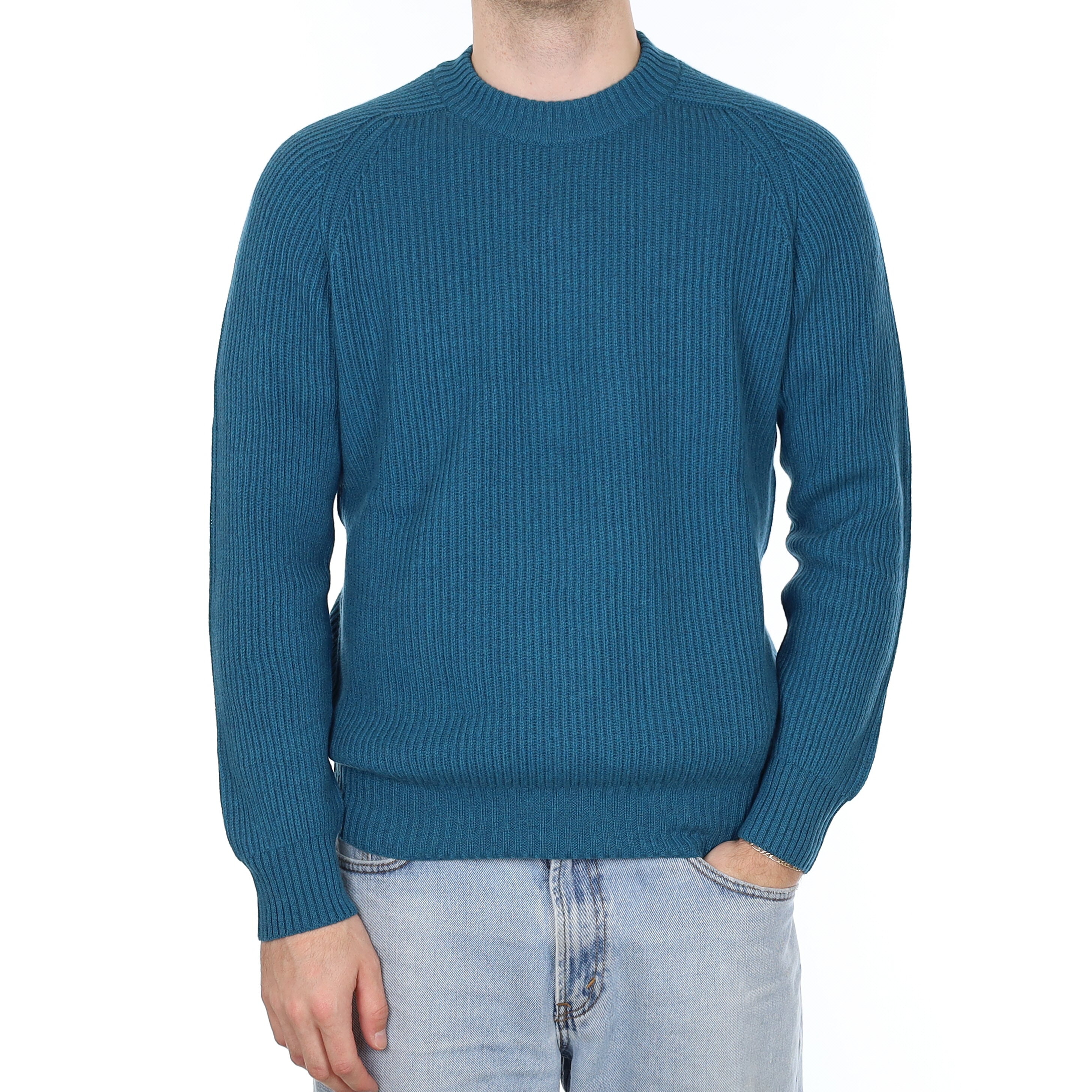 Men's Brand New Scottish Teal Blue Chunky Cashmere Crew Neck Jumper Medium