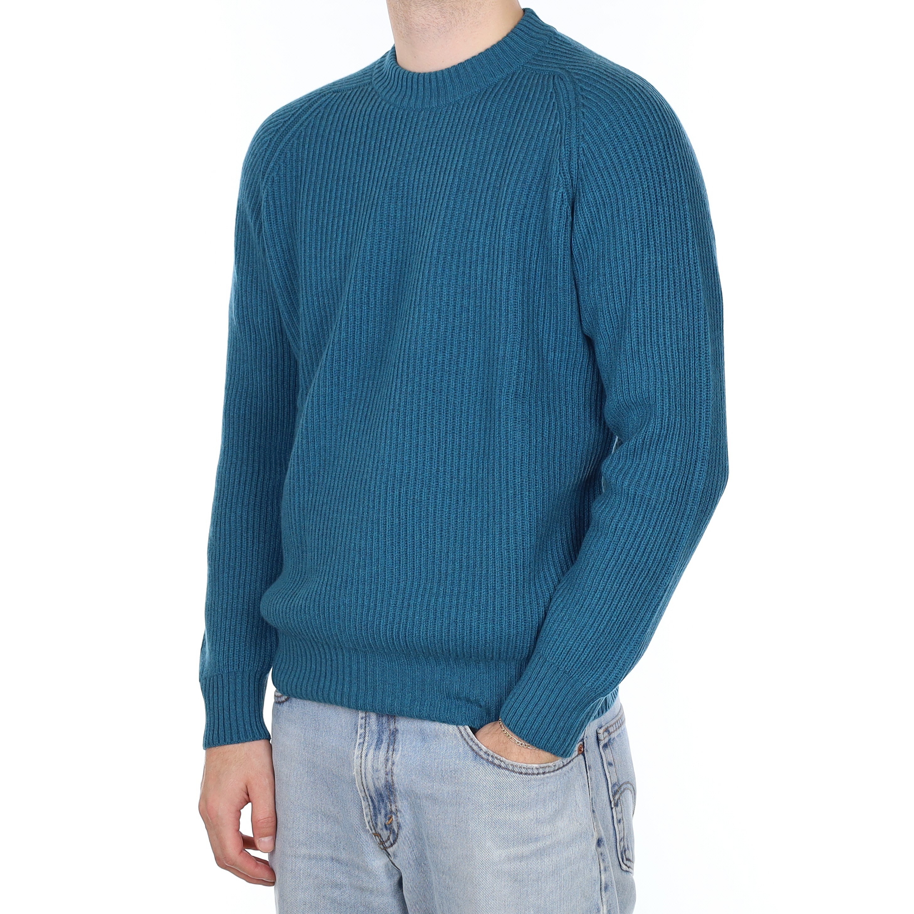 Men's Brand New Scottish Teal Blue Chunky Cashmere Crew Neck Jumper Medium