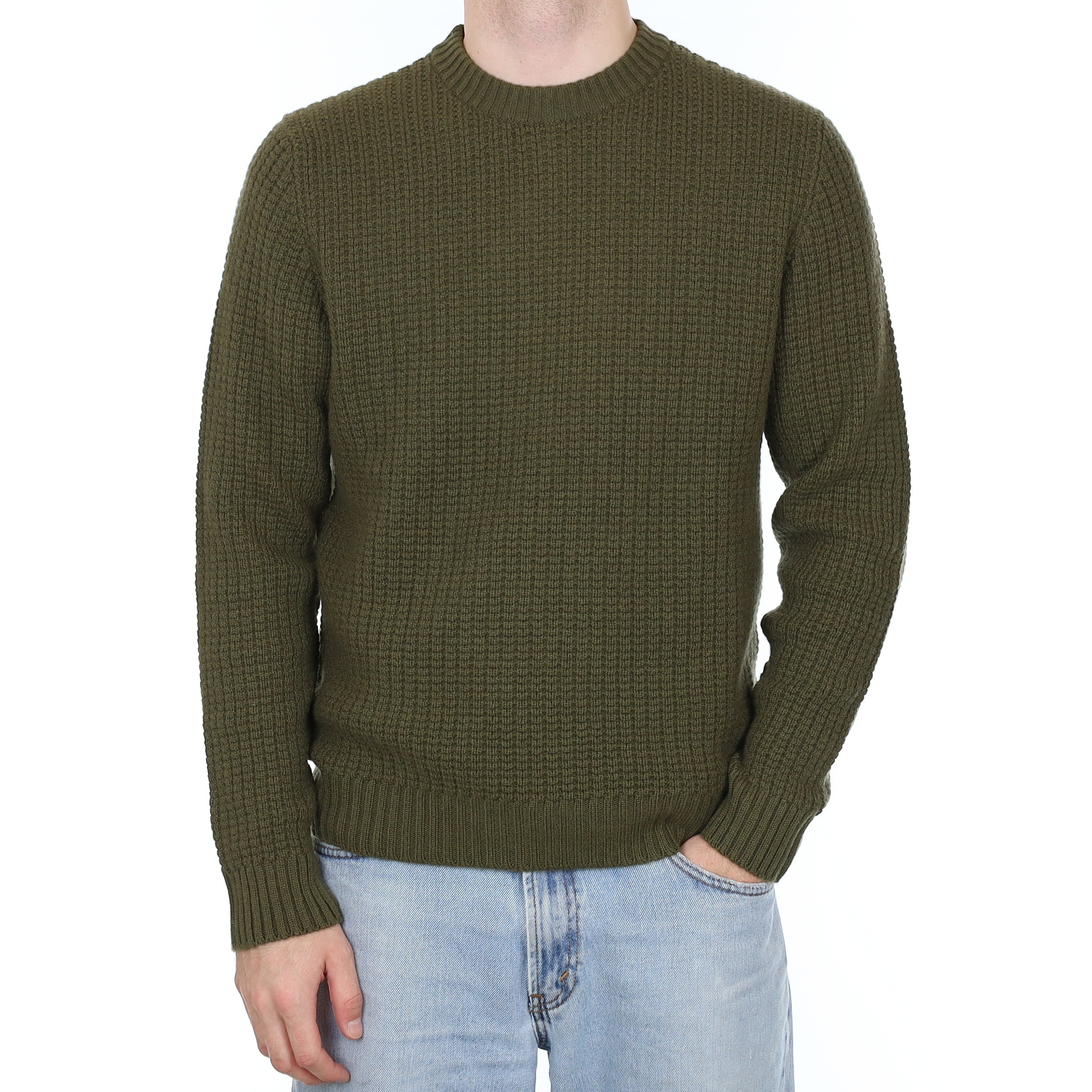 Men's Brand New Scottish Olive Green Chunky Waffle Cashmere Crew Neck Jumper Medium