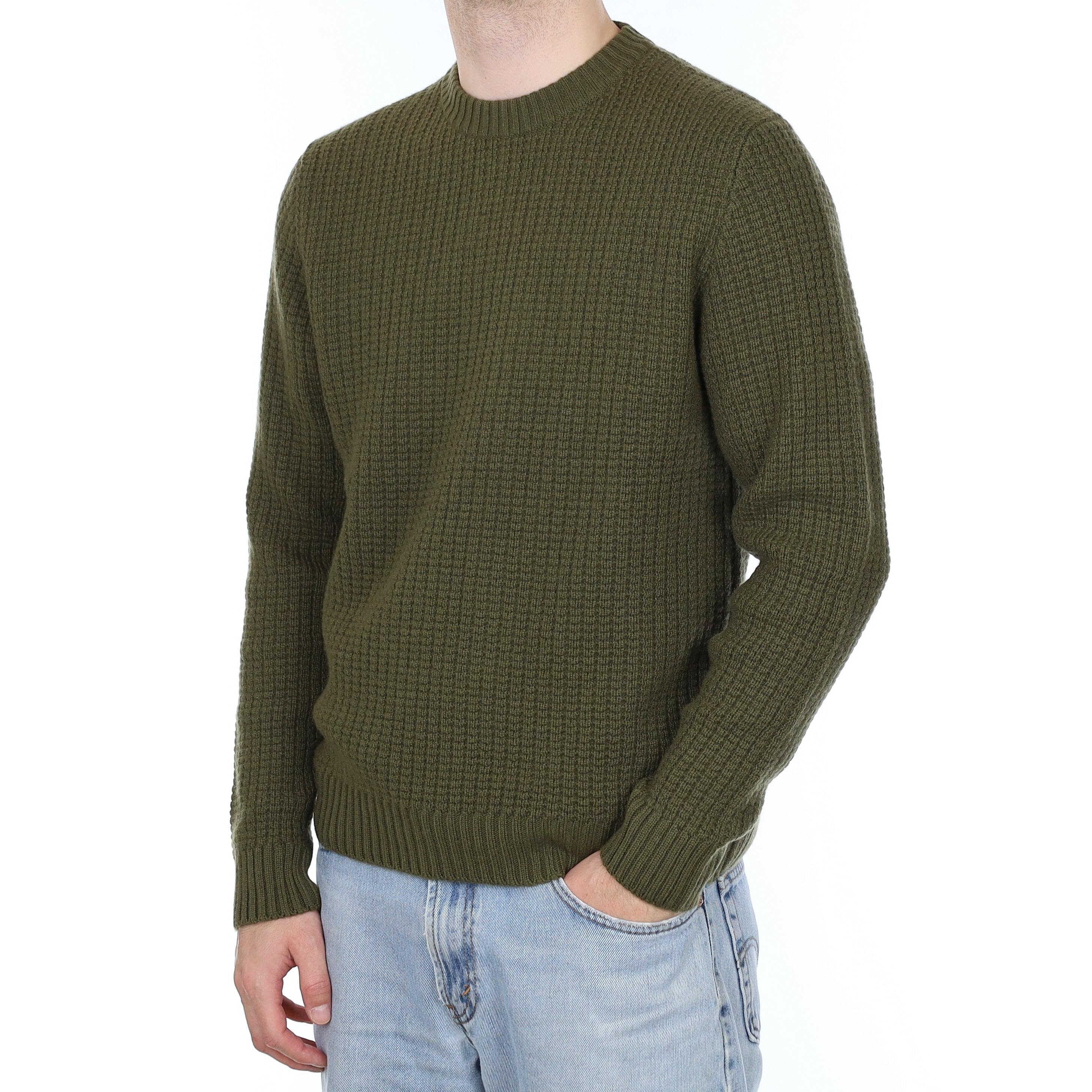 Men's Brand New Scottish Olive Green Chunky Waffle Cashmere Crew Neck Jumper Medium