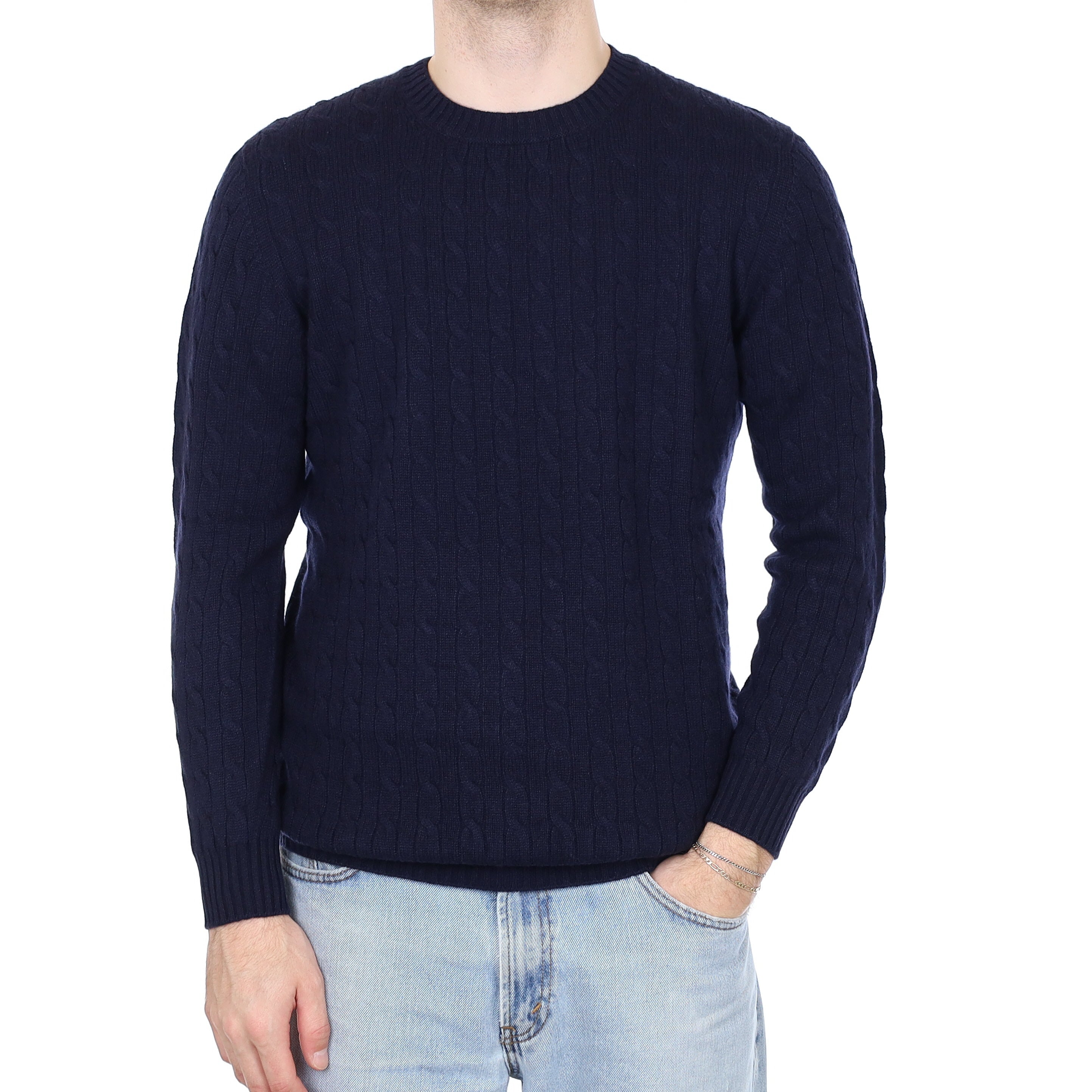 Men's Brand New Scottish Navy Cable Cashmere Crew Neck Jumper Large