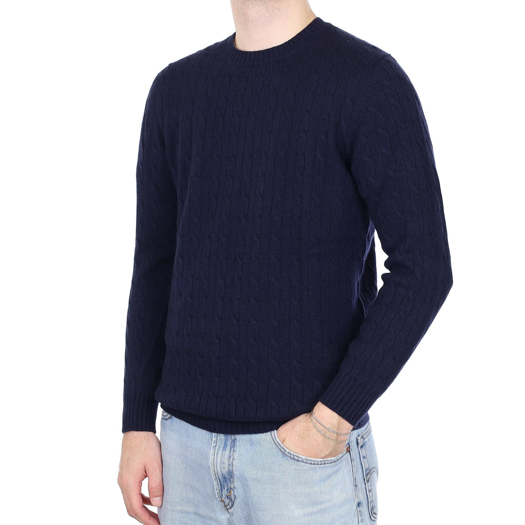 Men's Brand New Scottish Navy Cable Cashmere Crew Neck Jumper Large