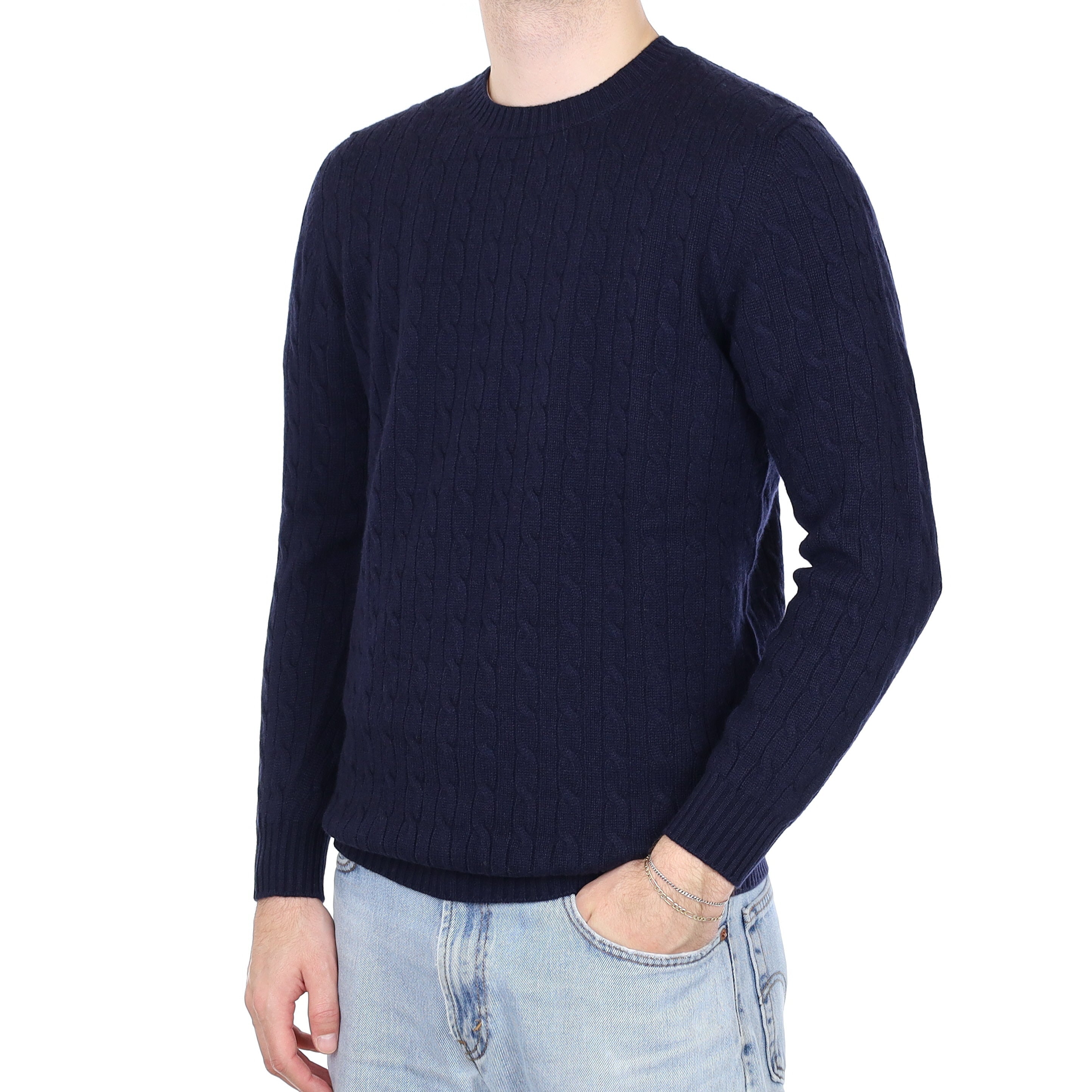 Men's Brand New Scottish Navy Cable Cashmere Crew Neck Jumper Large