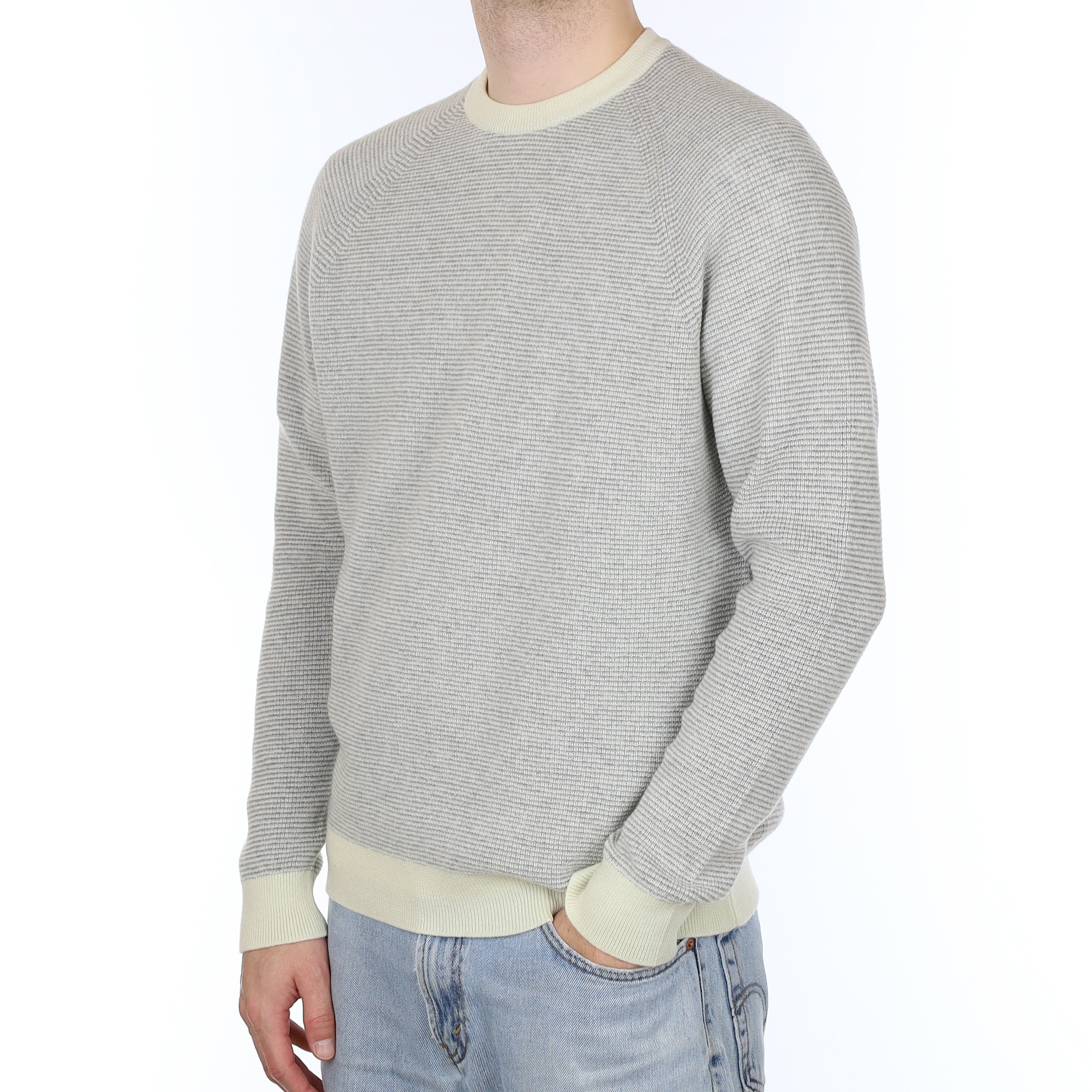 Men's Brand New Scottish Grey & Ivory Textured Cashmere Crew Neck Jumper Large