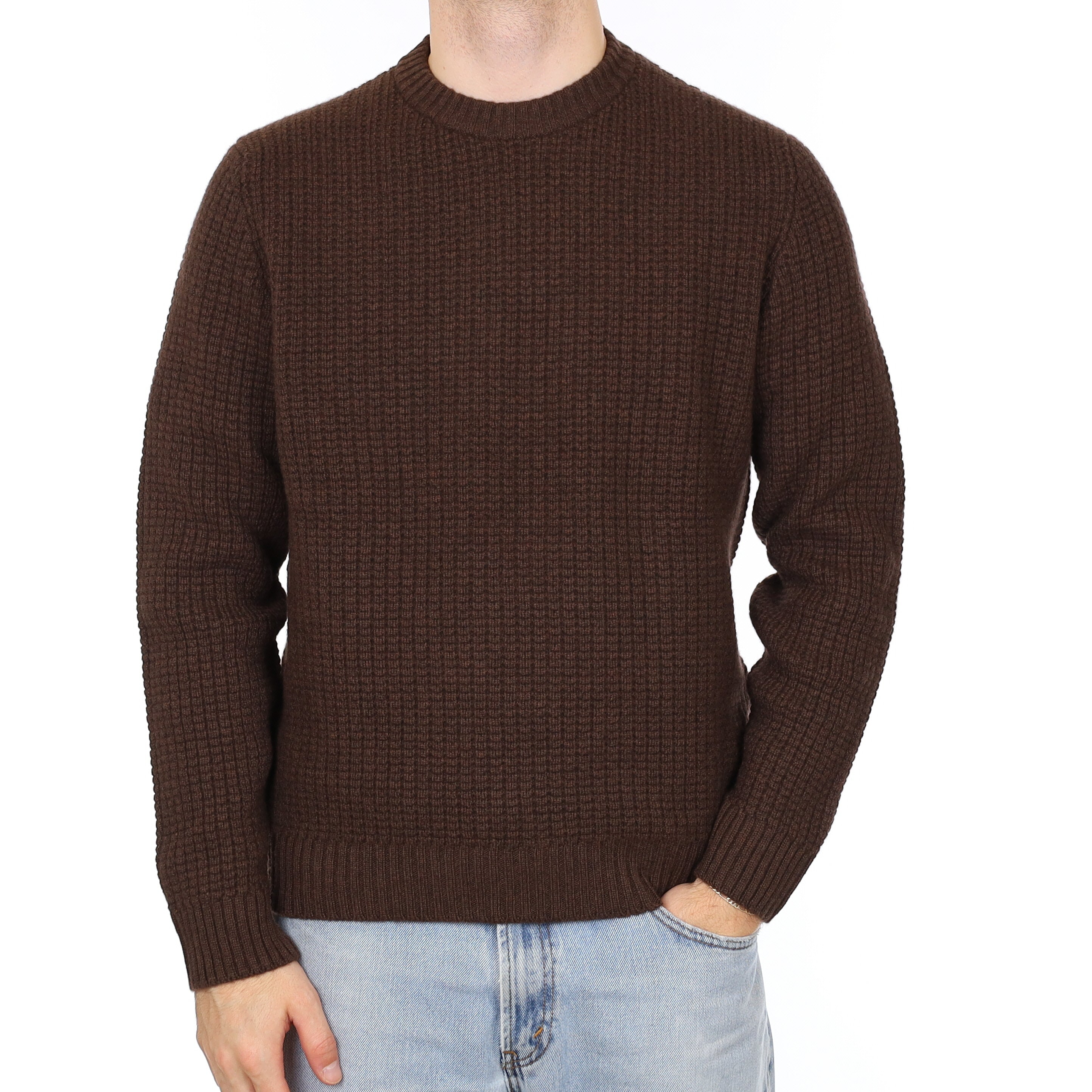 Men's Brand New Scottish Chocolate Brown Chunky Waffle Cashmere Crew Neck Jumper Large
