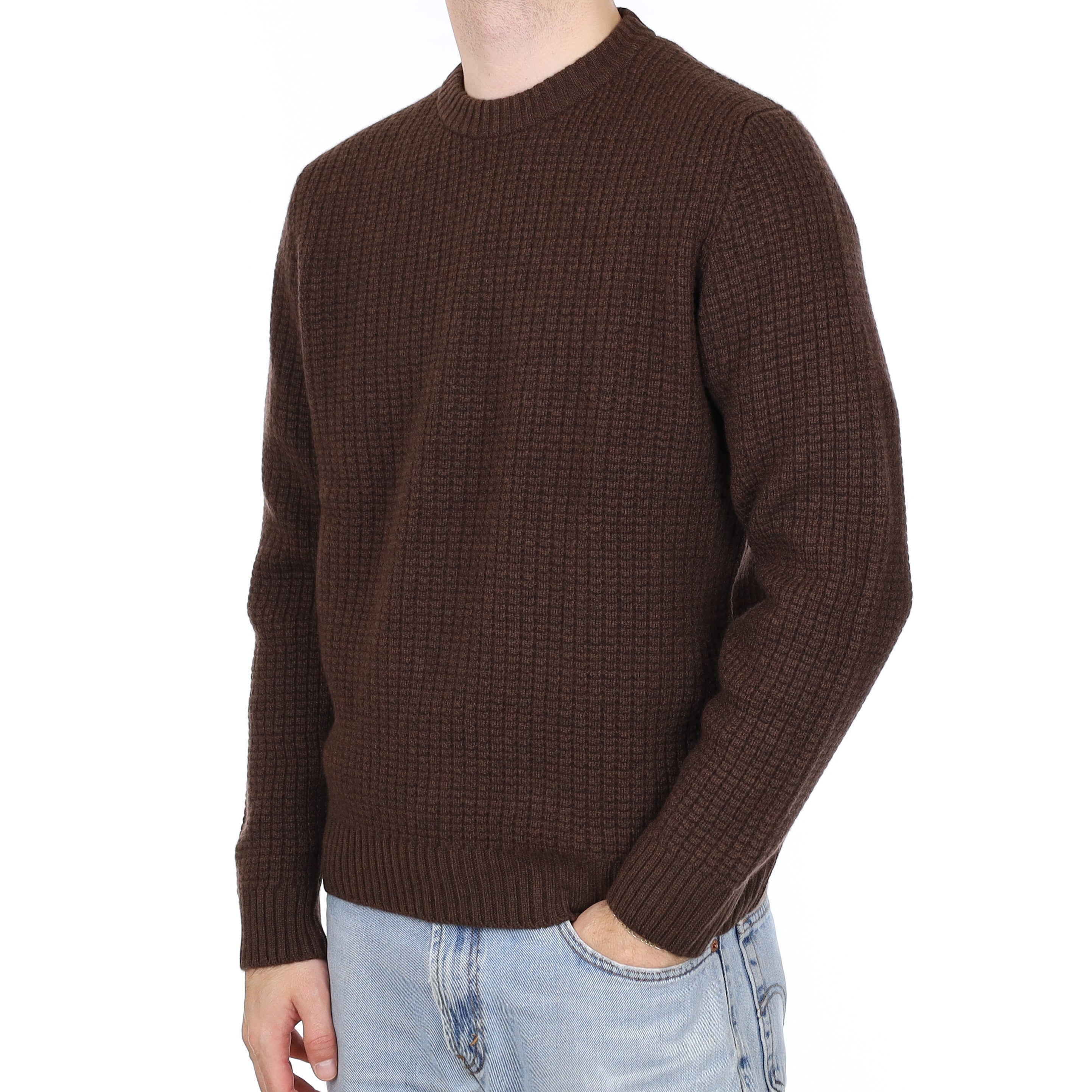 Men's Brand New Scottish Chocolate Brown Chunky Waffle Cashmere Crew Neck Jumper Large