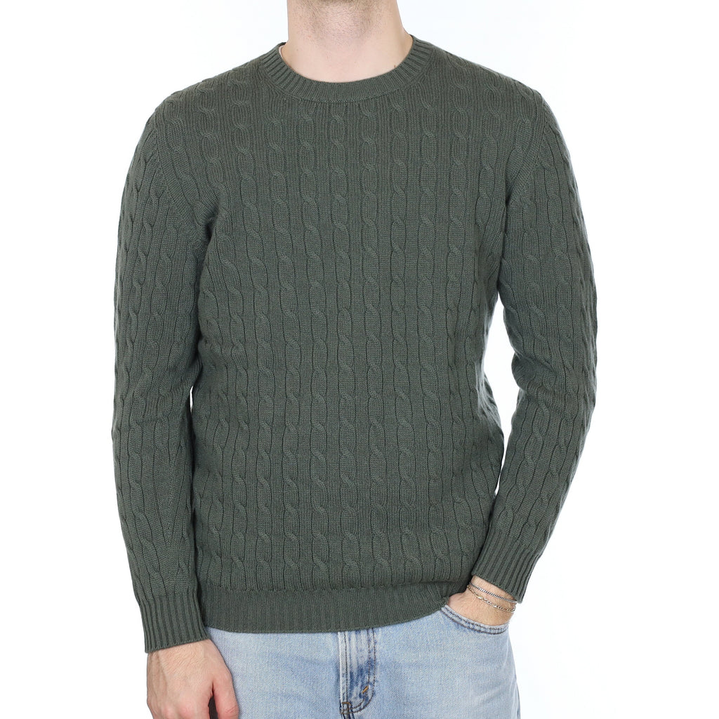 Men's Brand New Scottish Alpine Green Cable Cashmere Crew Neck Jumper Large