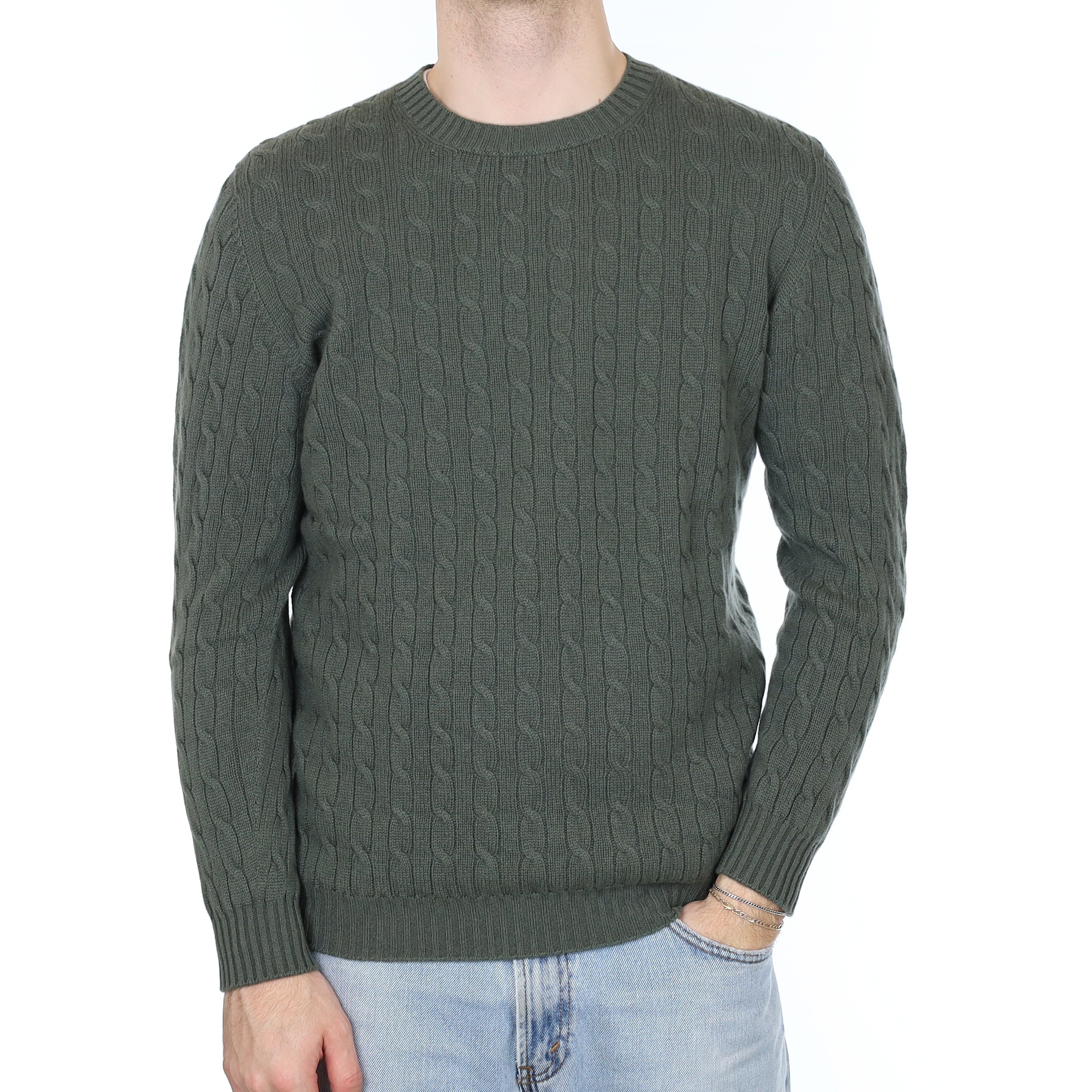 Men's Brand New Scottish Alpine Green Cable Cashmere Crew Neck Jumper Large