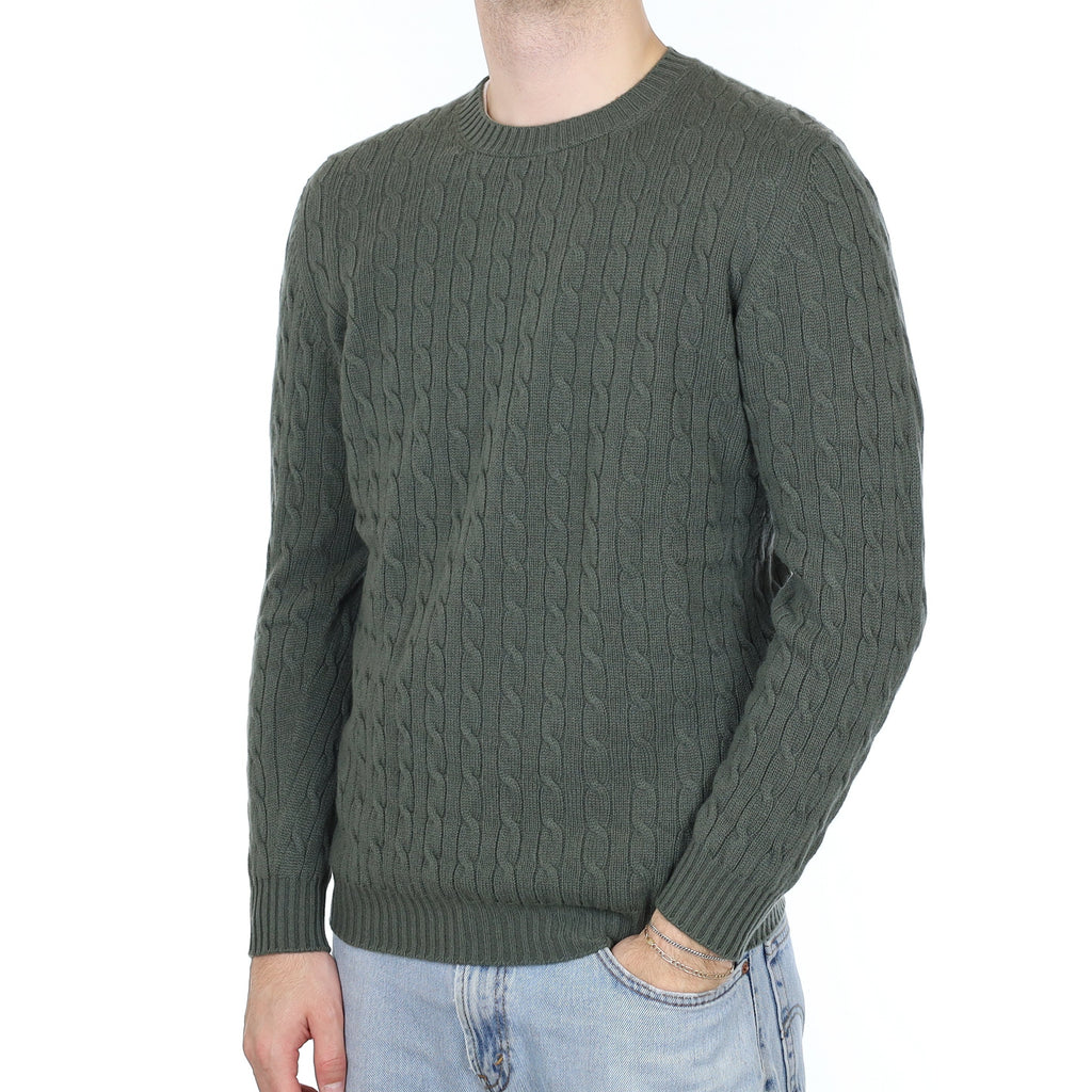 Men's Brand New Scottish Alpine Green Cable Cashmere Crew Neck Jumper Large