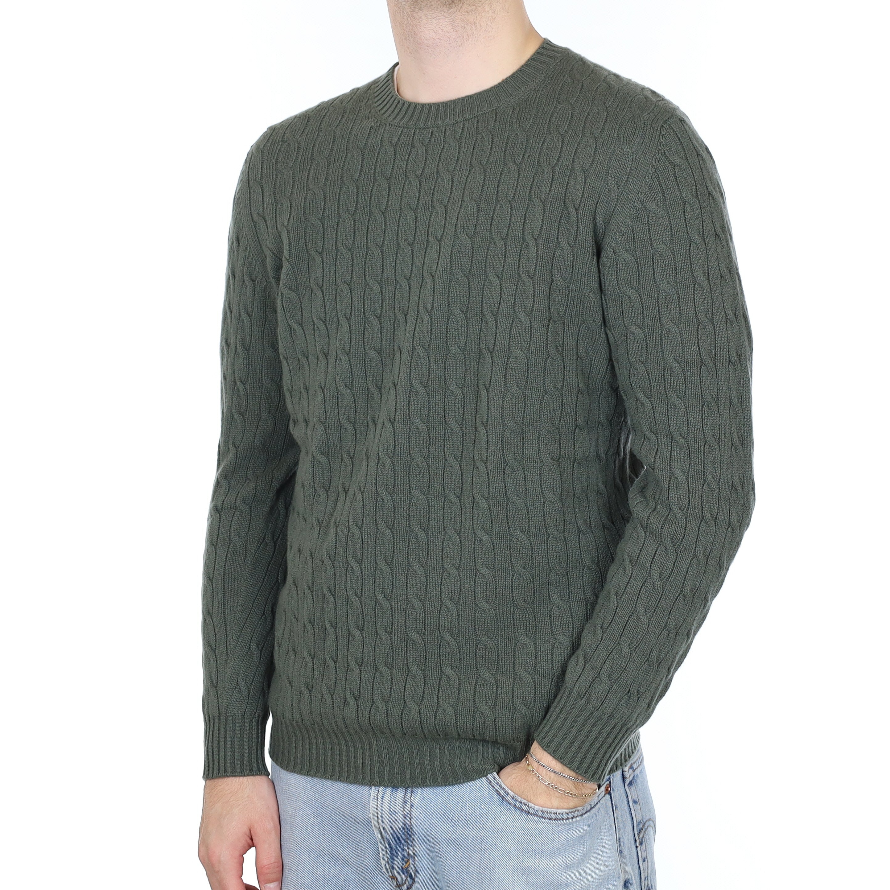 Men's Brand New Scottish Alpine Green Cable Cashmere Crew Neck Jumper Large