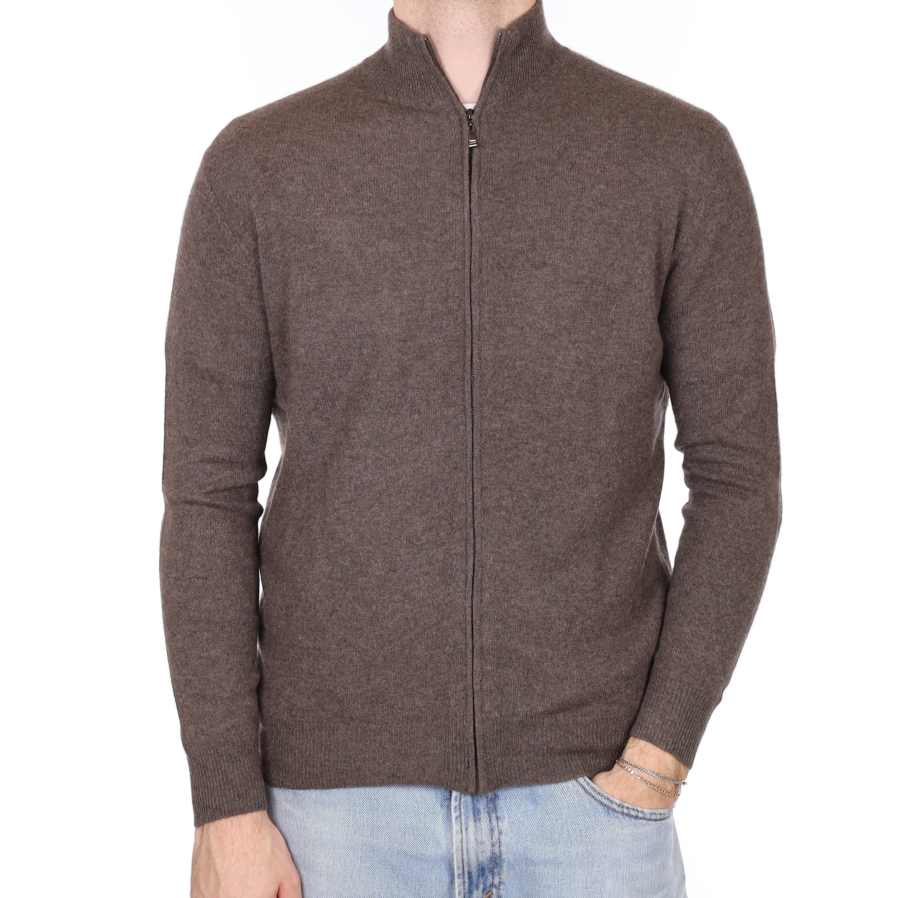 Men's Mole Brown Cashmere Zip Up Cardigan Medium