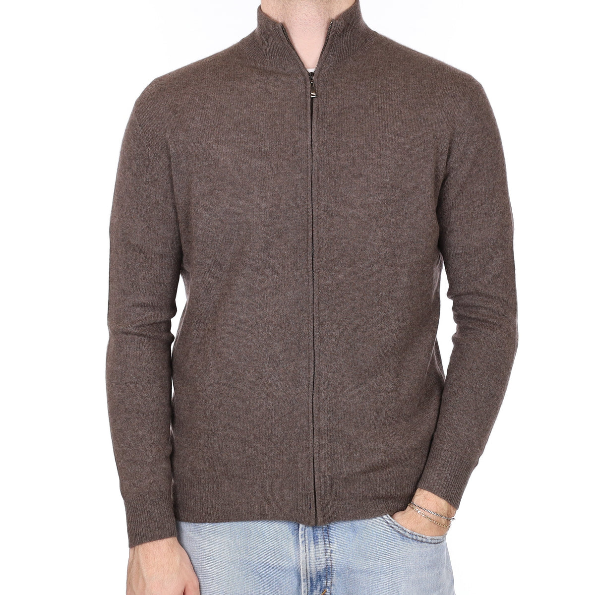 Men's Mole Brown Cashmere Zip Up Cardigan Medium