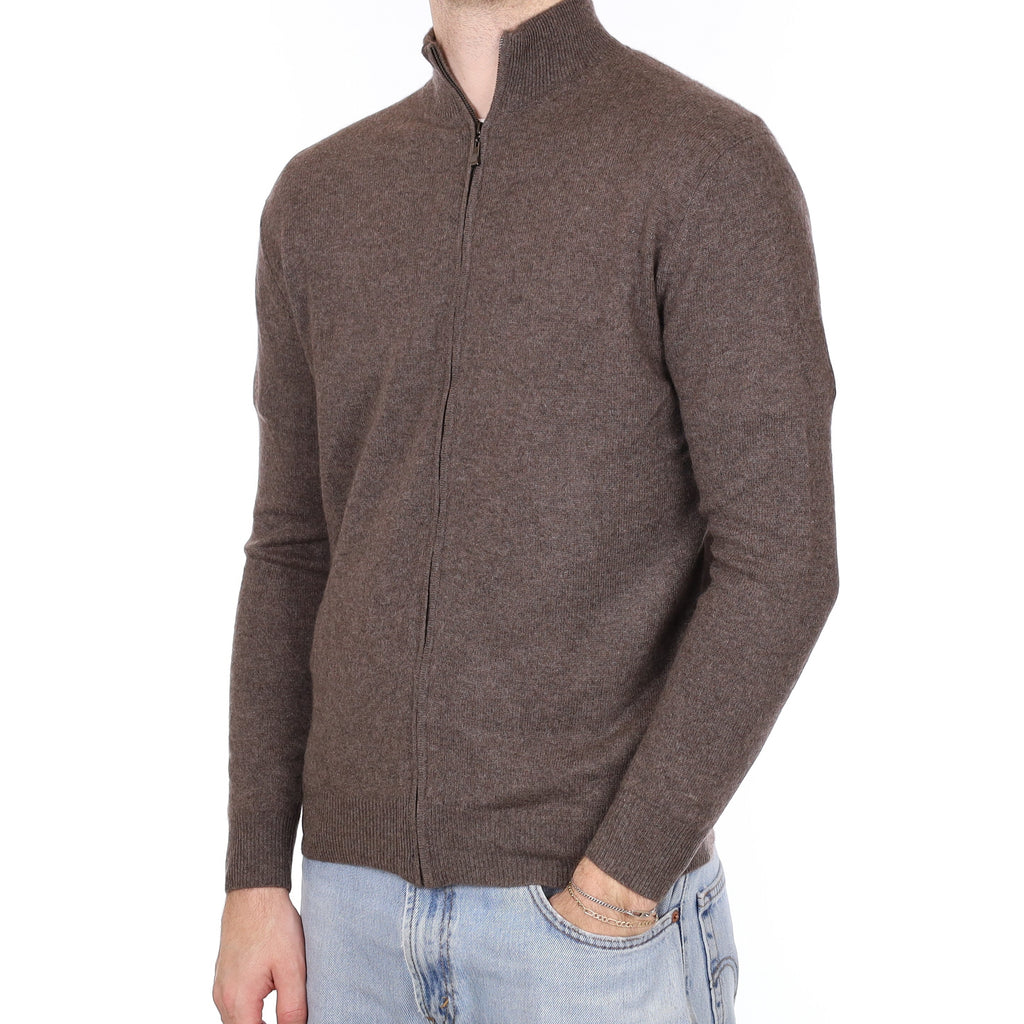 Men's Mole Brown Cashmere Zip Up Cardigan Medium