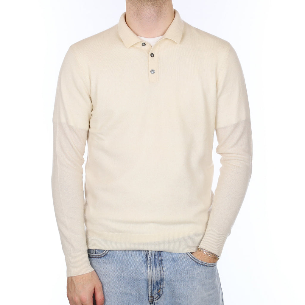 Men's Ivory Cashmere Collared Quarter Button Jumper Medium