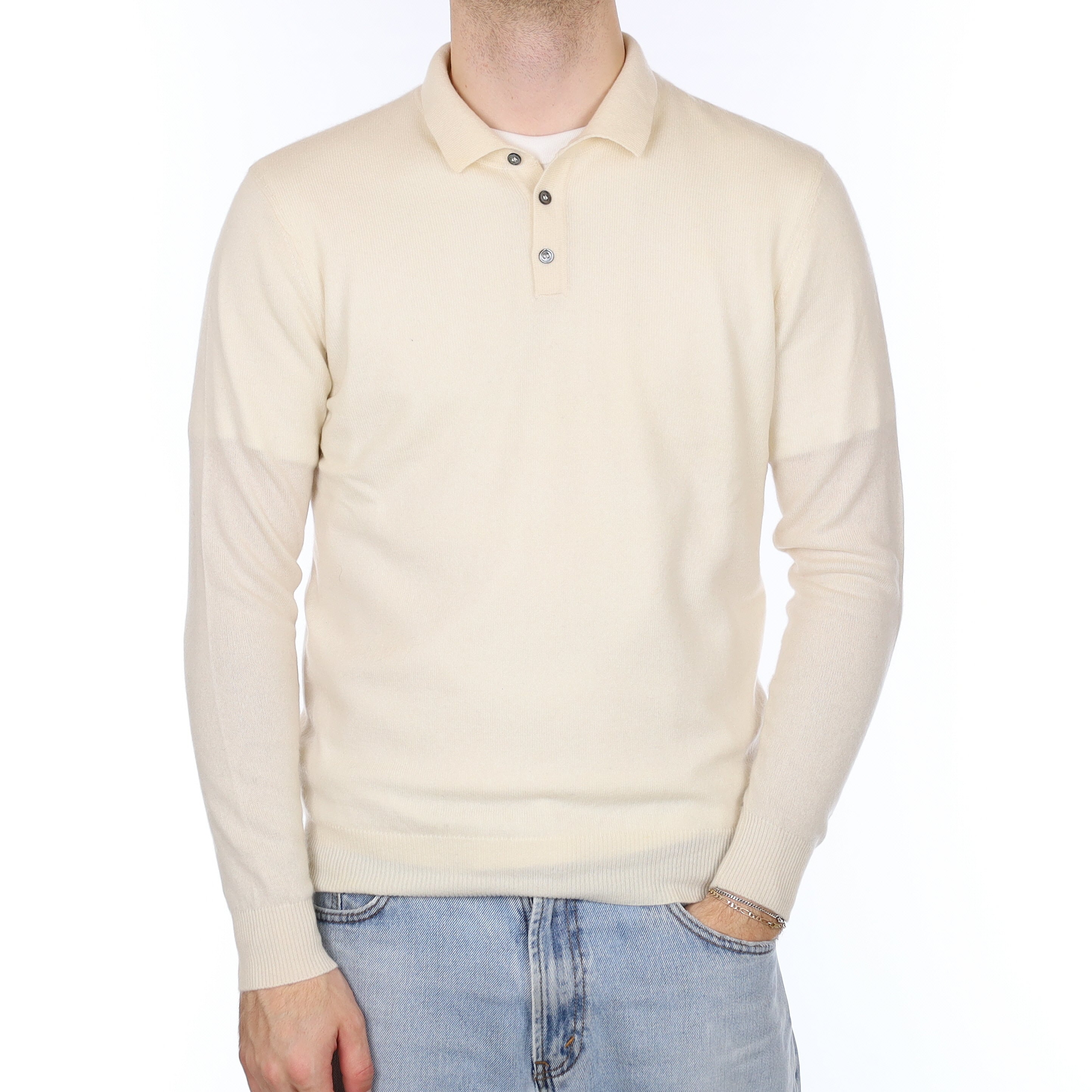 Men's Ivory Cashmere Collared Quarter Button Jumper Medium