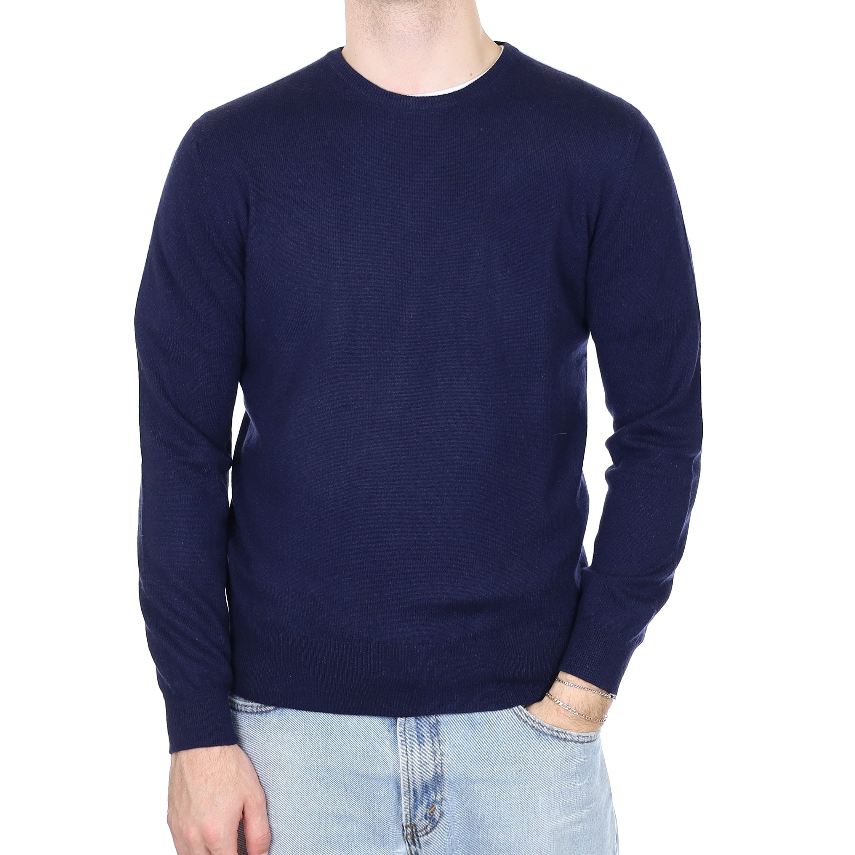 Men's Johnstons of Elgin Navy Cashmere Crew Neck Jumper Large