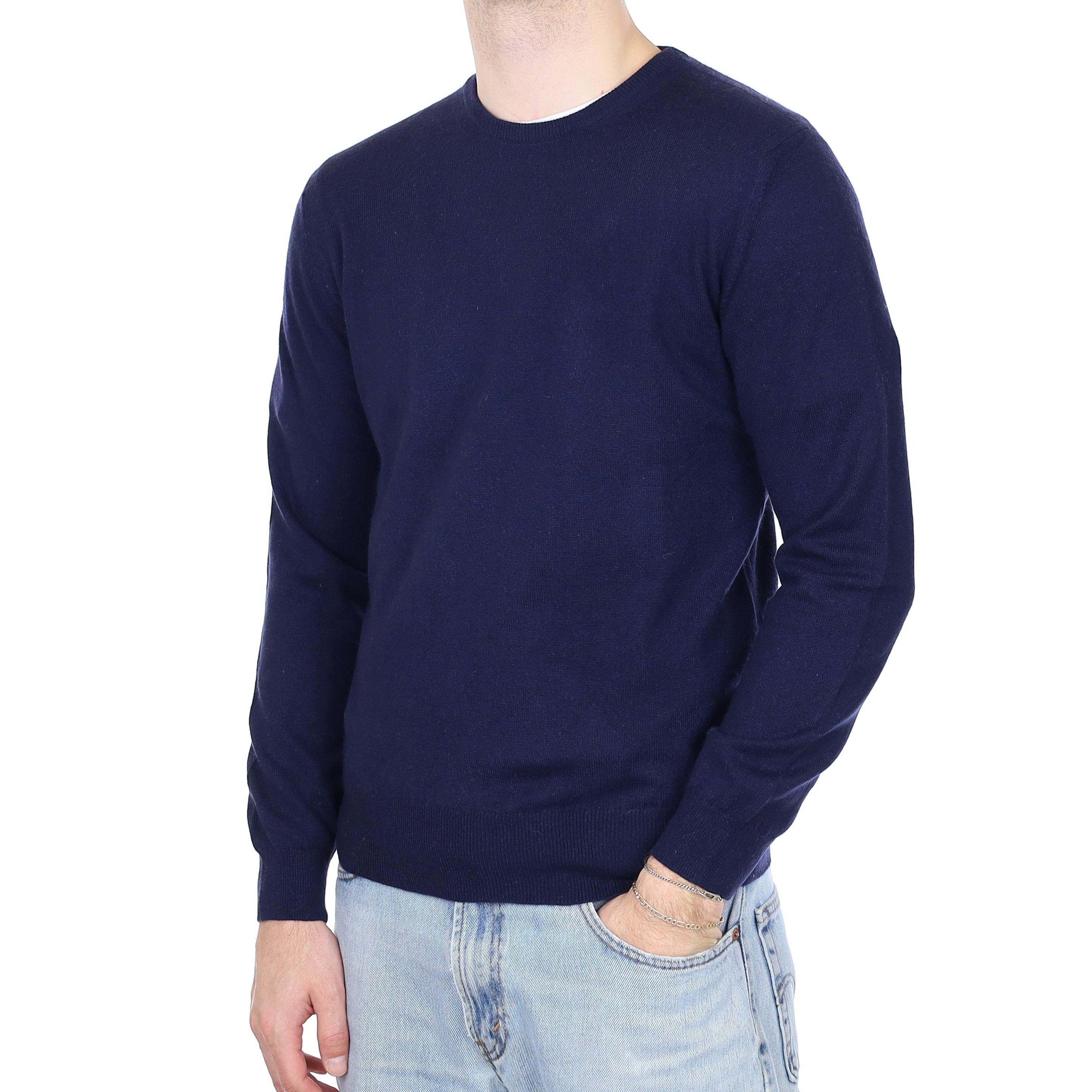 Men's Johnstons of Elgin Navy Cashmere Crew Neck Jumper Large