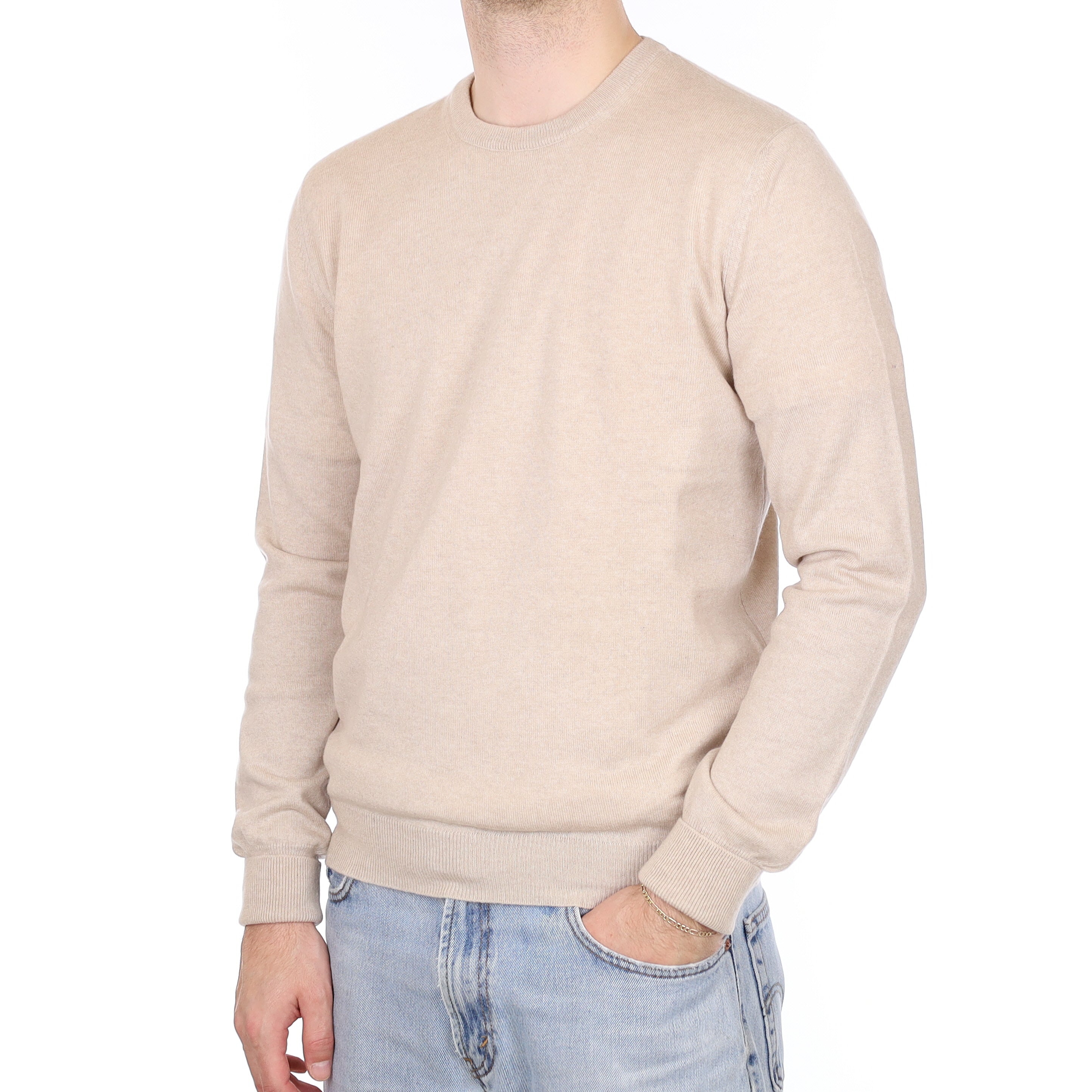 Men's Pale Beige Cashmere Crew Neck Jumper Medium