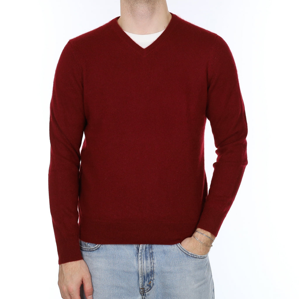 Men's Burgundy Red Cashmere V Neck Jumper Medium