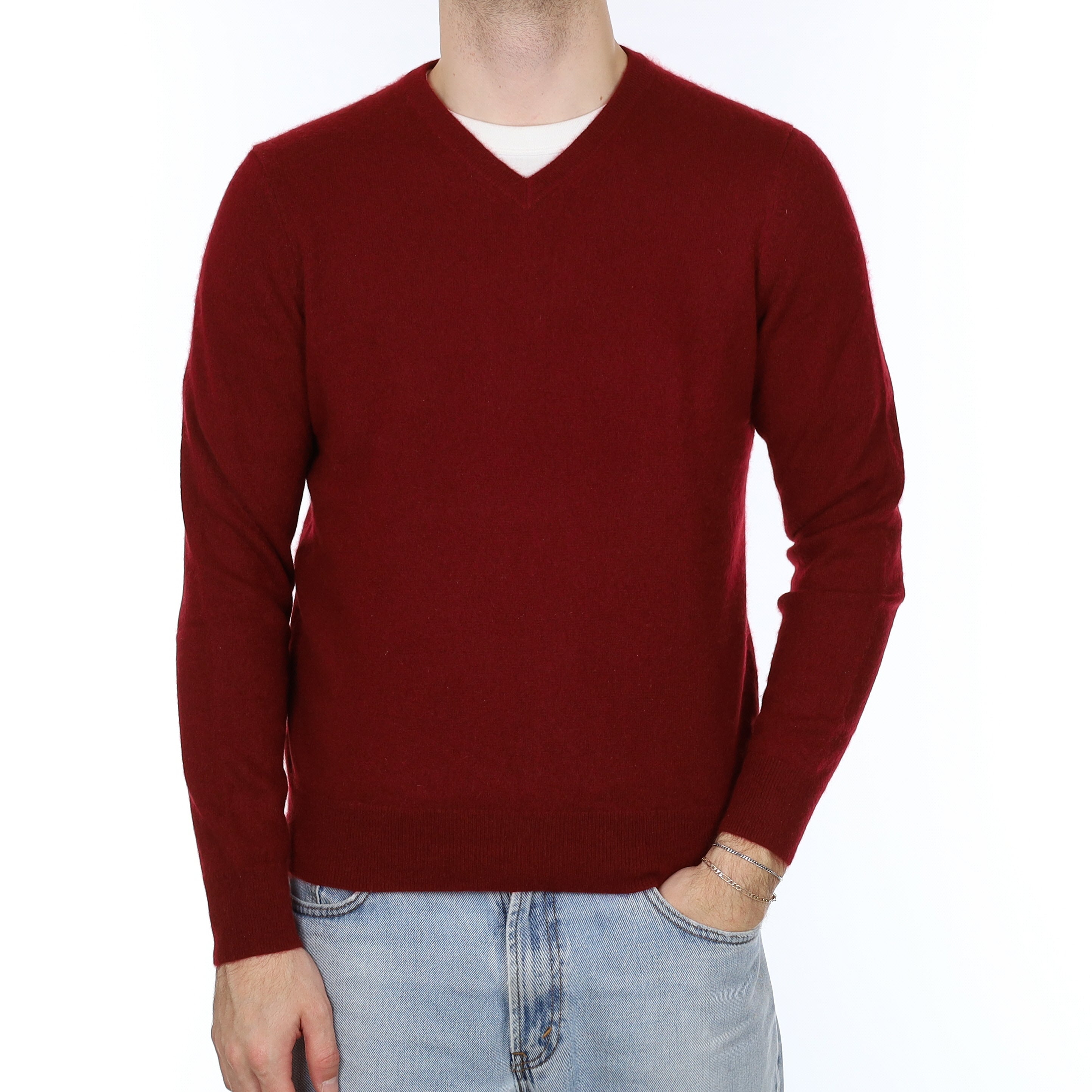 Men's Burgundy Red Cashmere V Neck Jumper Medium