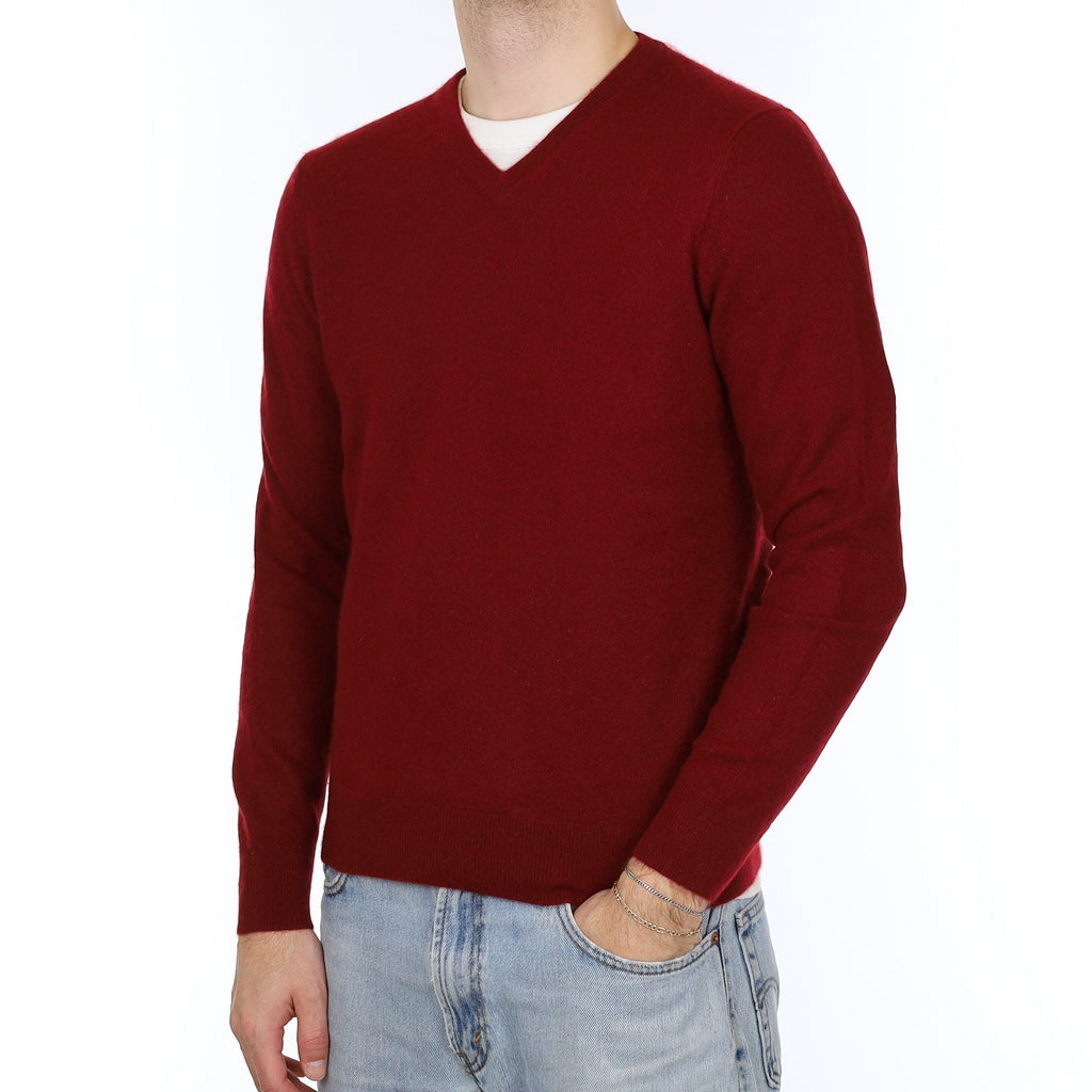 Men's Burgundy Red Cashmere V Neck Jumper Medium