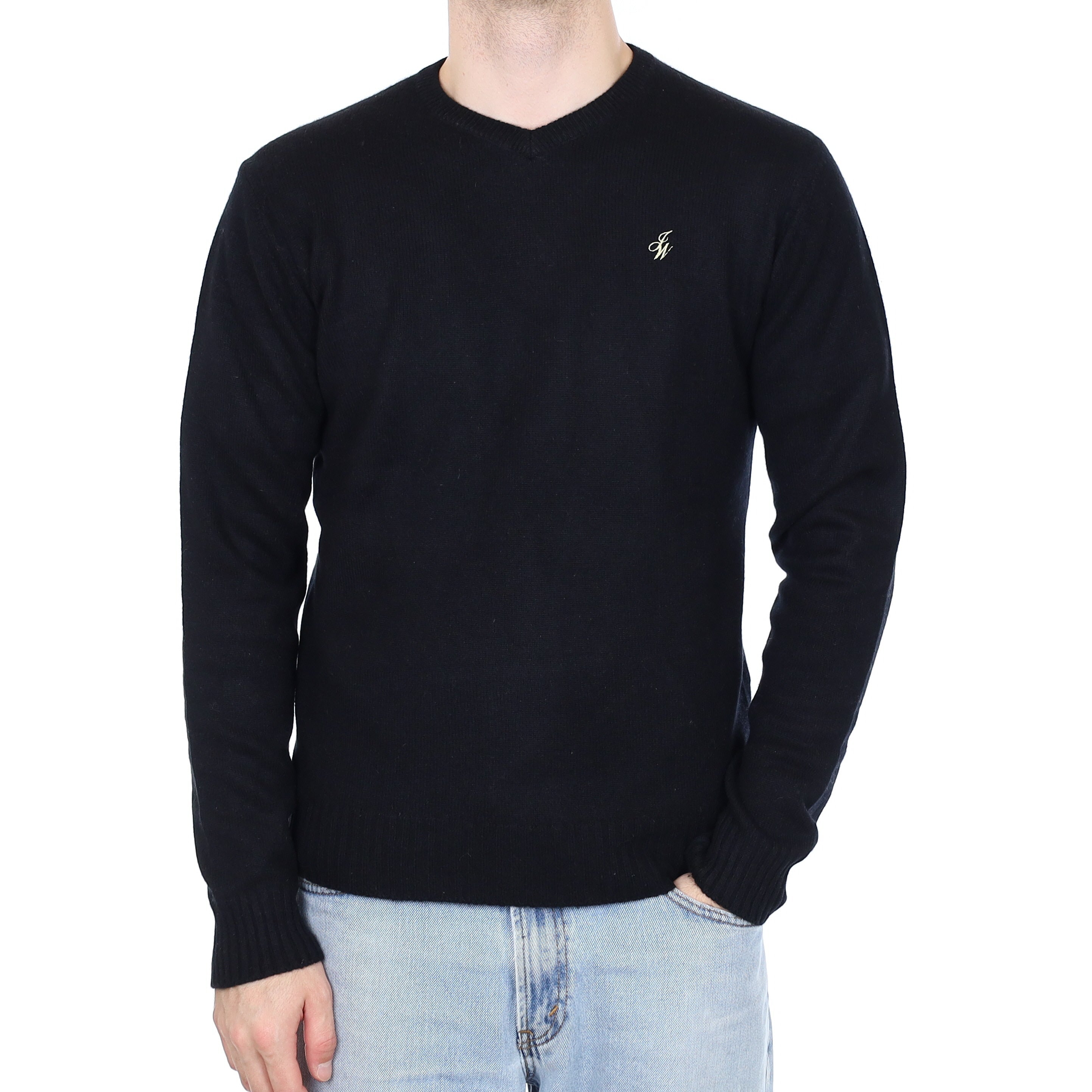 Men's Black Heavy Knit Cashmere V Neck Jumper Medium